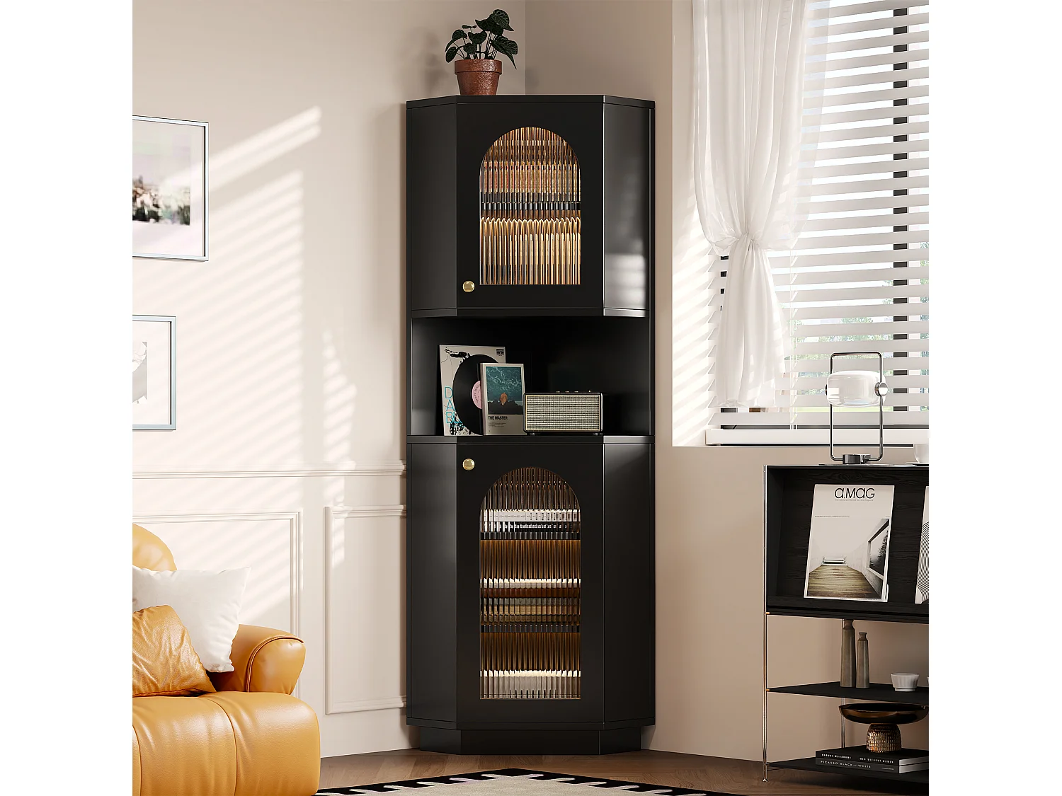 Mobile bagno angolare - con 2 ante + 1 nicchia portaoggetti + LED - 45 x 45 x 166,5 cm - MDF - Nero