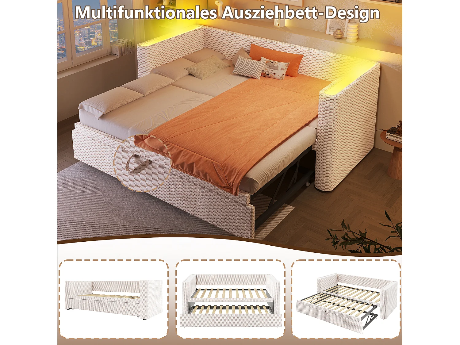 Canapé-lit gigogne pour enfant - 90/180 x 200 cm - avec Leds + sommier à lattes - velours - beige