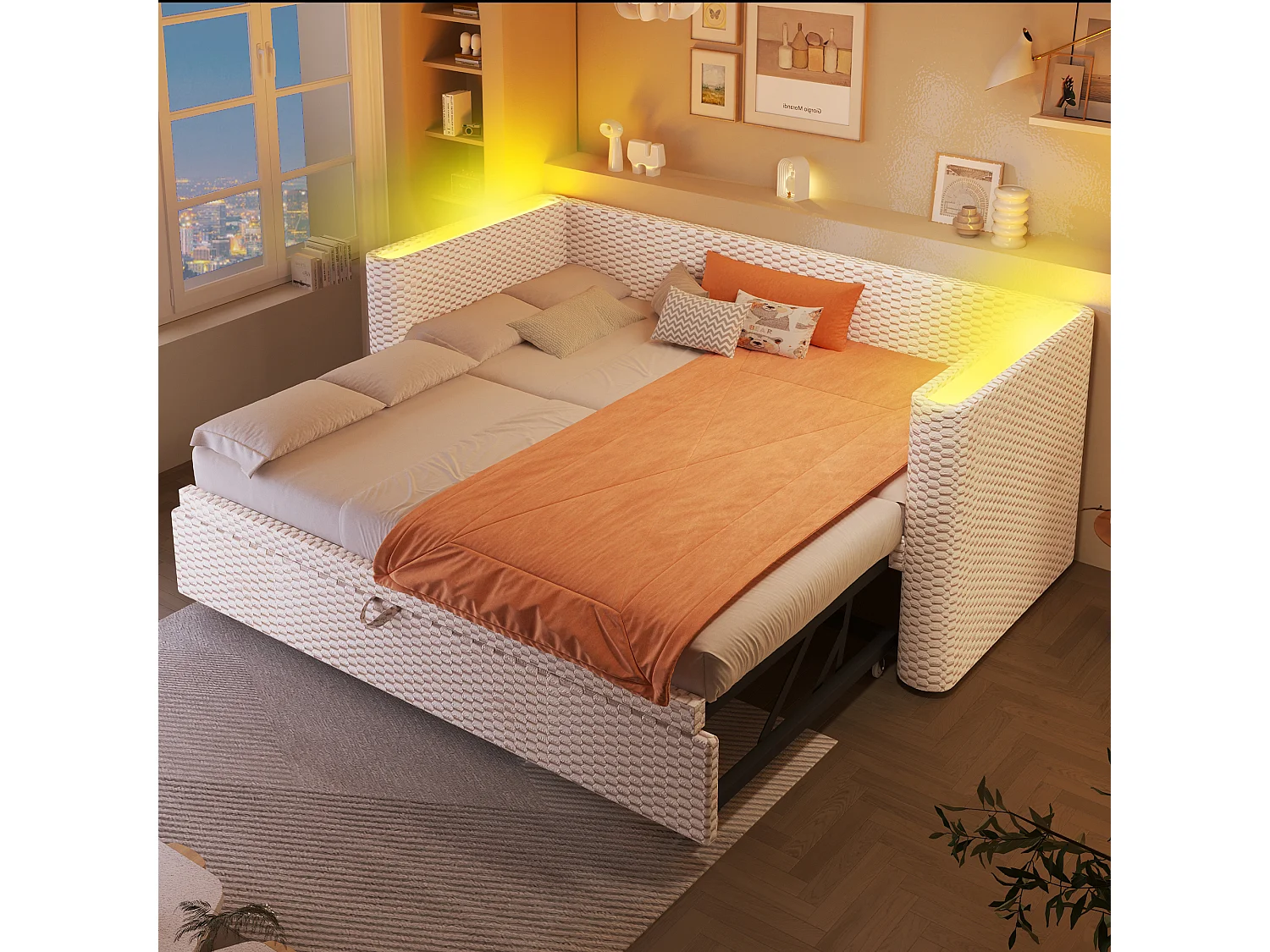 Ausziehbares Kinderschlafsofa – 90/180 x 200 cm – mit LED-Beleuchtung und Lattenrost – Samt – beige