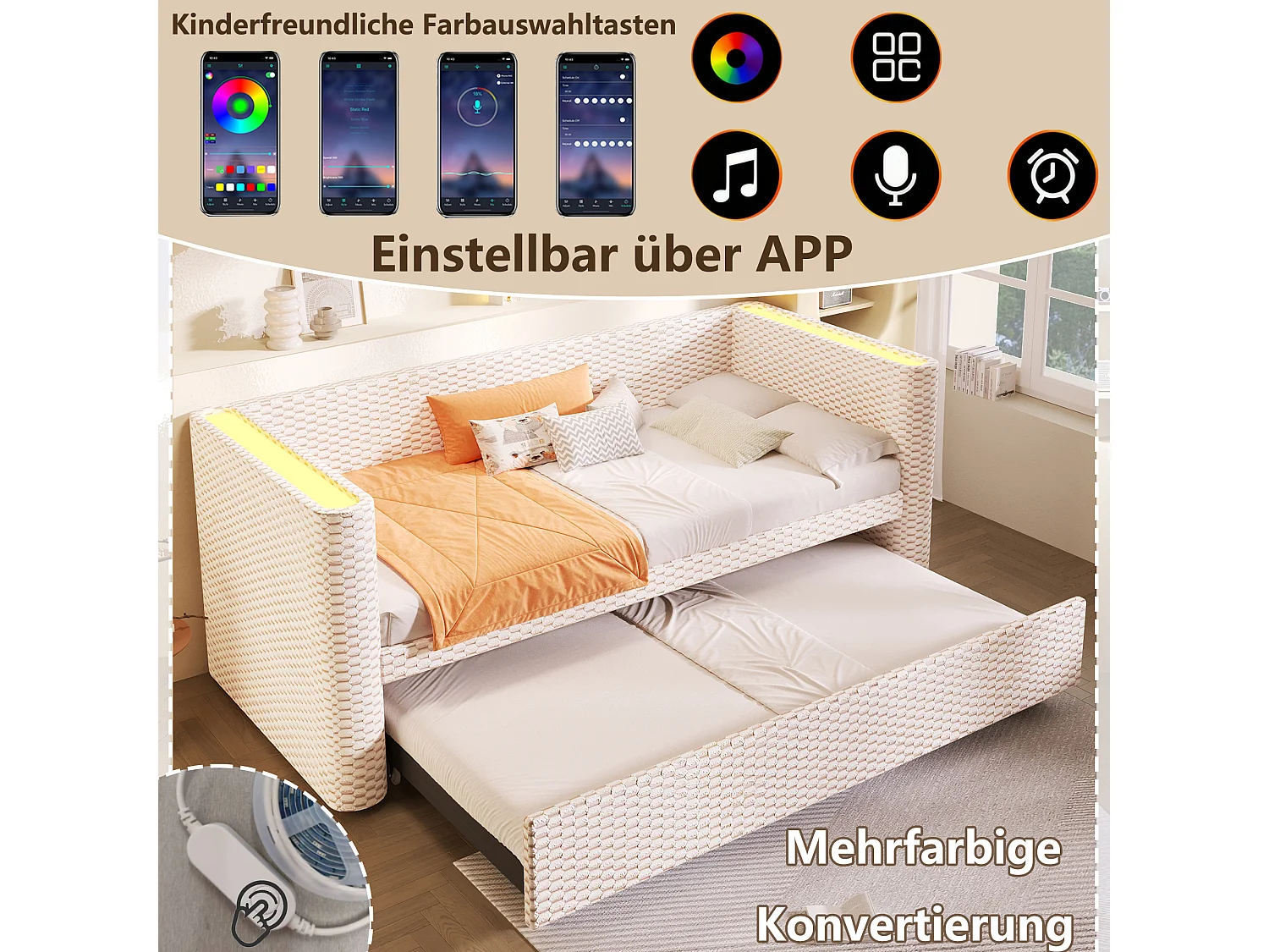 Ausziehbares Kinderschlafsofa – 90/180 x 200 cm – mit LED-Beleuchtung und Lattenrost – Samt – beige