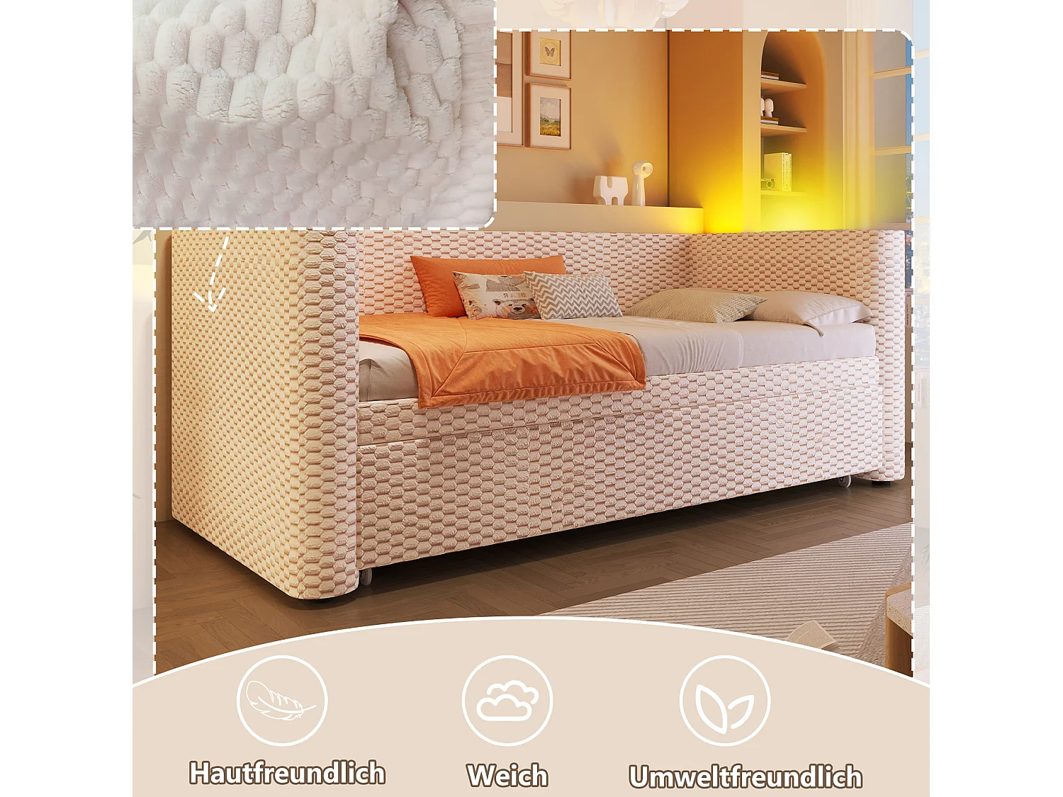 Ausziehbares Kinderschlafsofa – 90/180 x 200 cm – mit LED-Beleuchtung und Lattenrost – Samt – beige