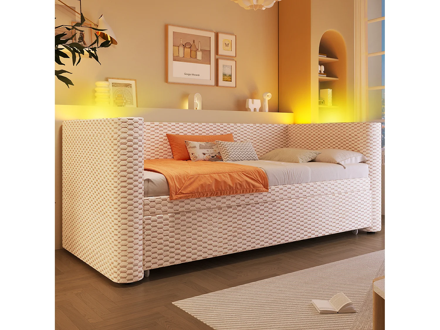 Ausziehbares Kinderschlafsofa – 90/180 x 200 cm – mit LED-Beleuchtung und Lattenrost – Samt – beige