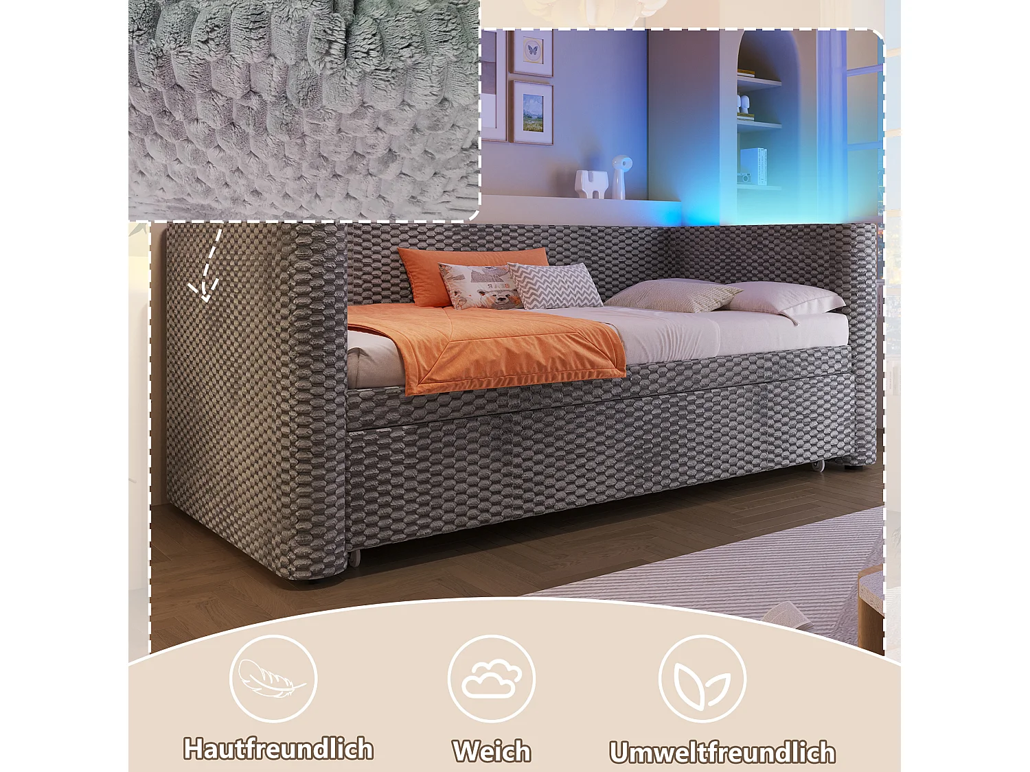 Canapé-lit gigogne pour enfant - 90/180 x 200 cm - avec Leds + sommier à lattes - velours - gris