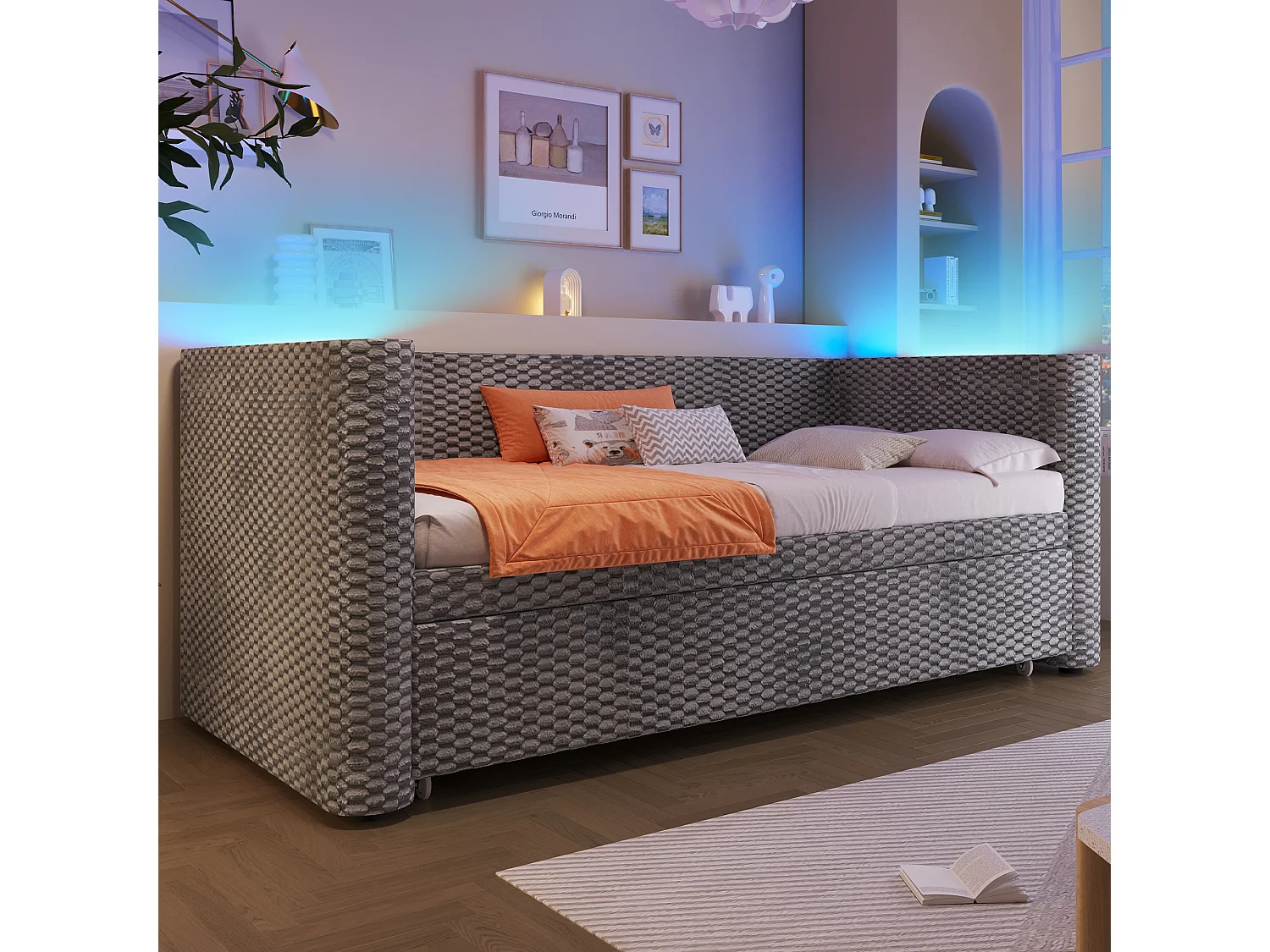Canapé-lit gigogne pour enfant - 90/180 x 200 cm - avec Leds + sommier à lattes - velours - gris