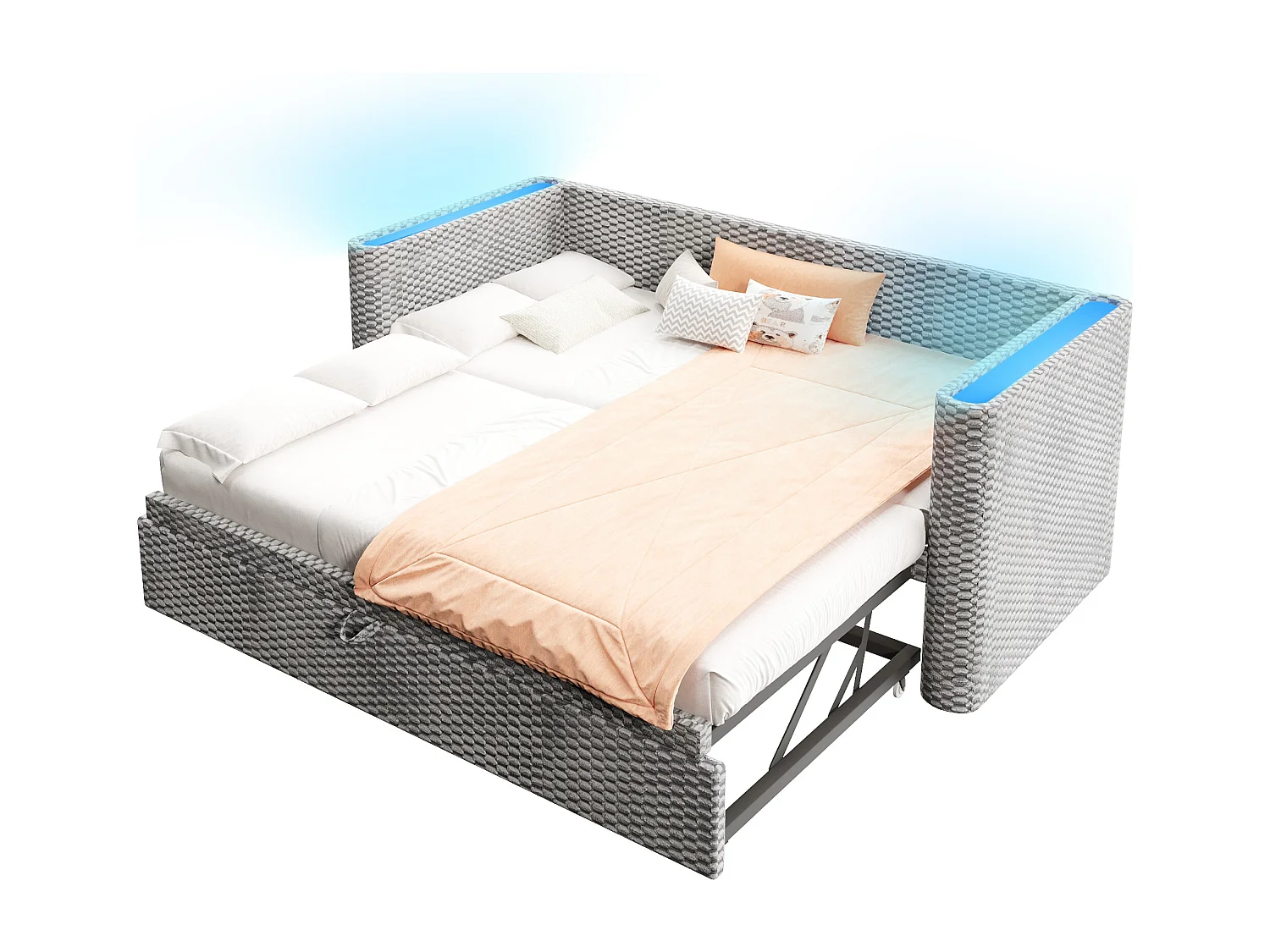 Canapé-lit gigogne pour enfant - 90/180 x 200 cm - avec Leds + sommier à lattes - velours - gris