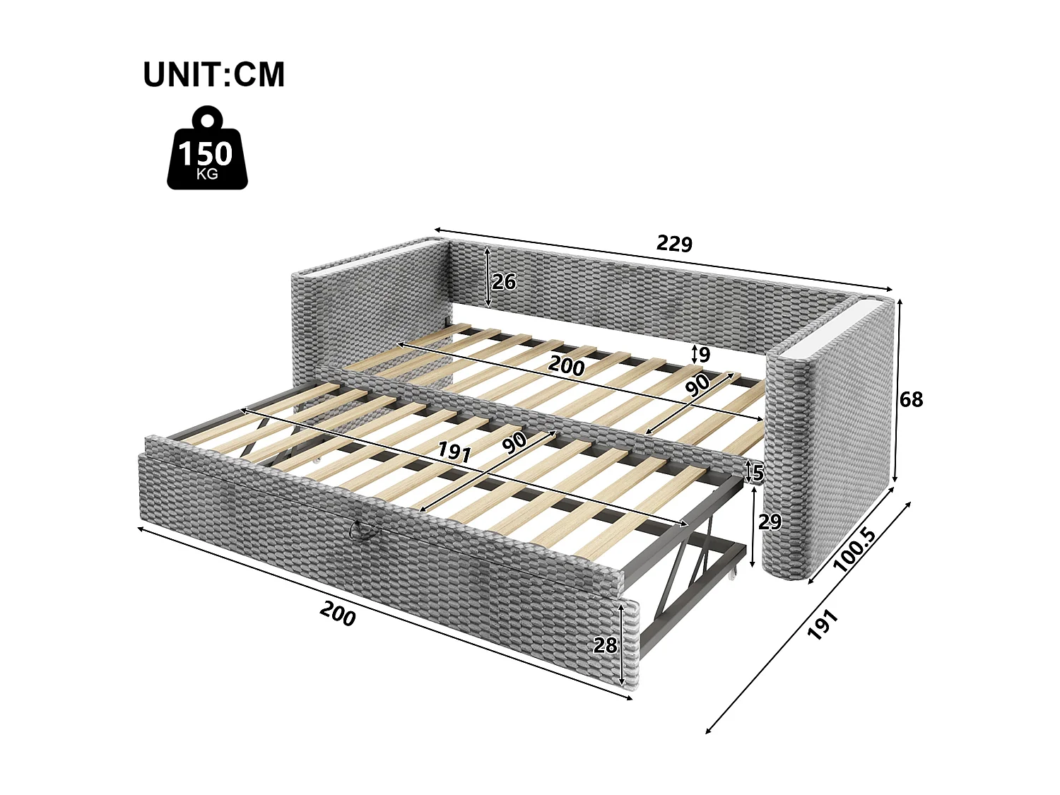 Canapé-lit gigogne pour enfant - 90/180 x 200 cm - avec Leds + sommier à lattes - velours - gris