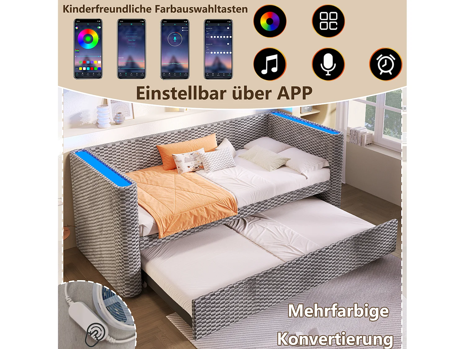 Ausziehbares Kinderschlafsofa – 90/180 x 200 cm – mit LED-Beleuchtung und Lattenrost – Samt – grau