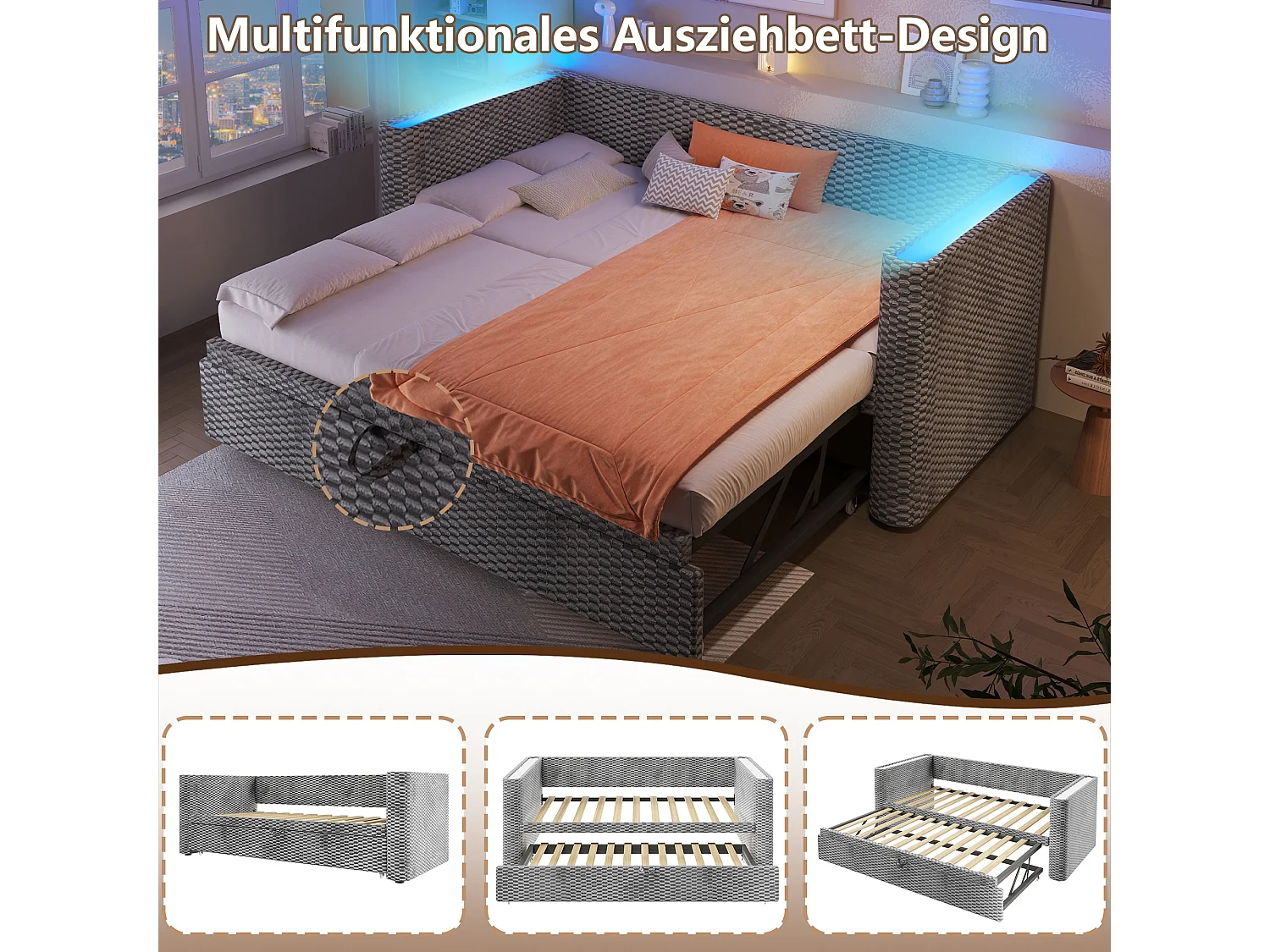 Ausziehbares Kinderschlafsofa – 90/180 x 200 cm – mit LED-Beleuchtung und Lattenrost – Samt – grau