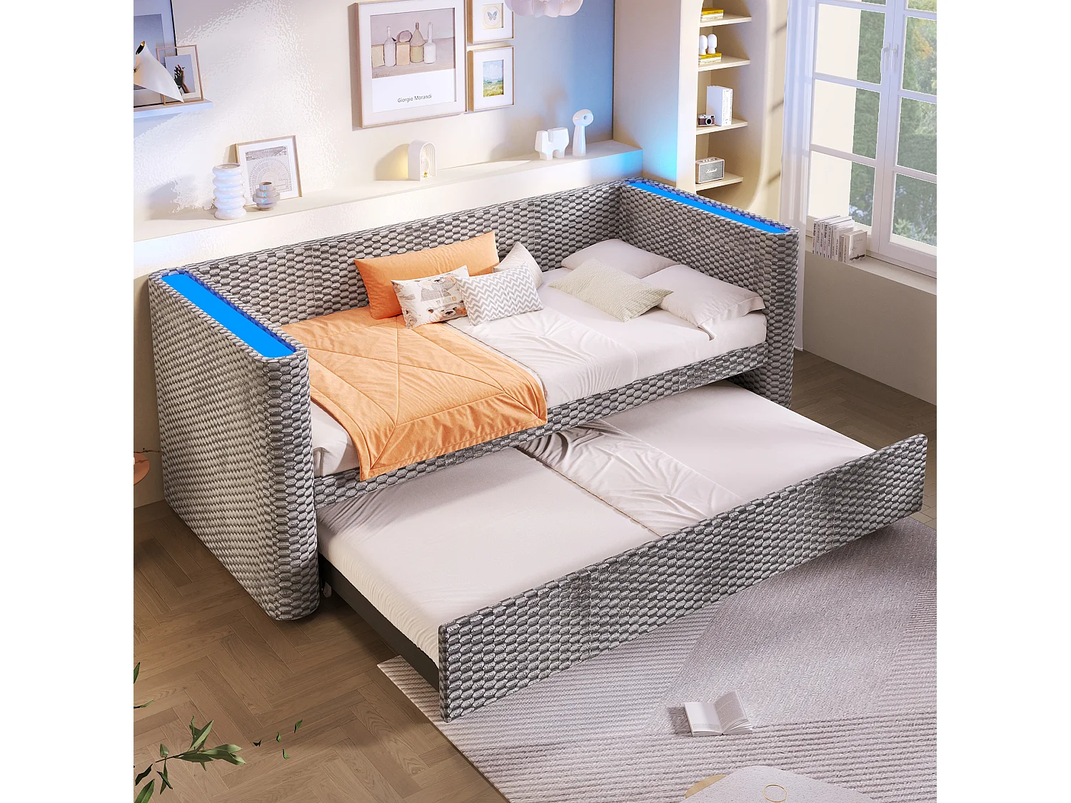 Ausziehbares Kinderschlafsofa – 90/180 x 200 cm – mit LED-Beleuchtung und Lattenrost – Samt – grau