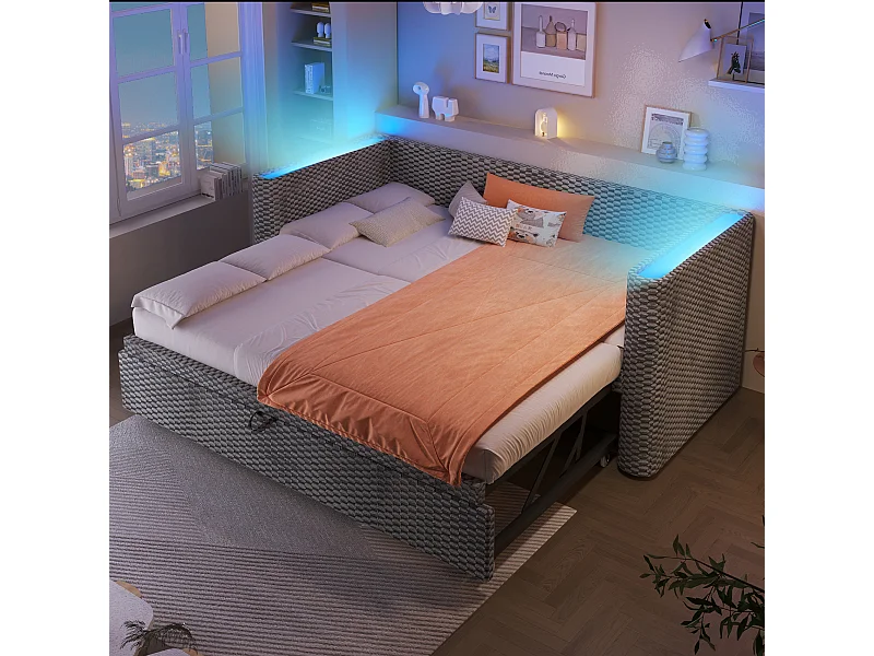 Ausziehbares Kinderschlafsofa – 90/180 x 200 cm – mit LED-Beleuchtung und Lattenrost – Samt – grau