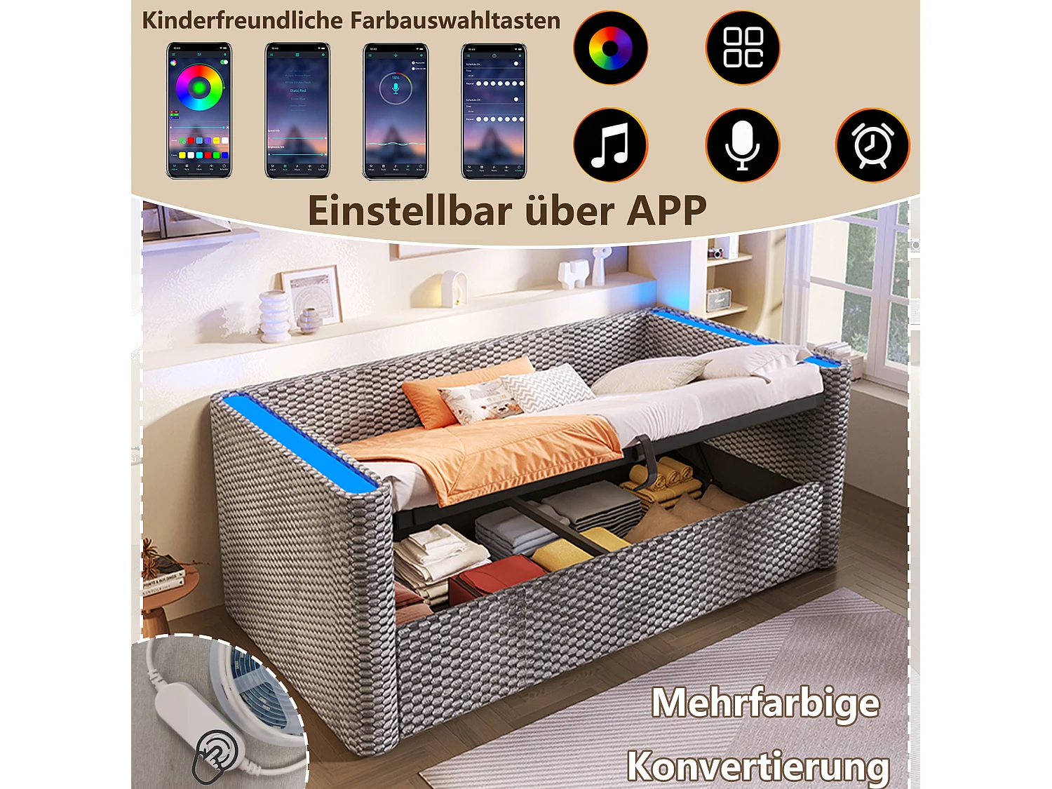 Canapé-lit coffre pour enfant - 90 x 200 cm - avec Leds + rangement hydraulique + sommier à lattes - velours - gris