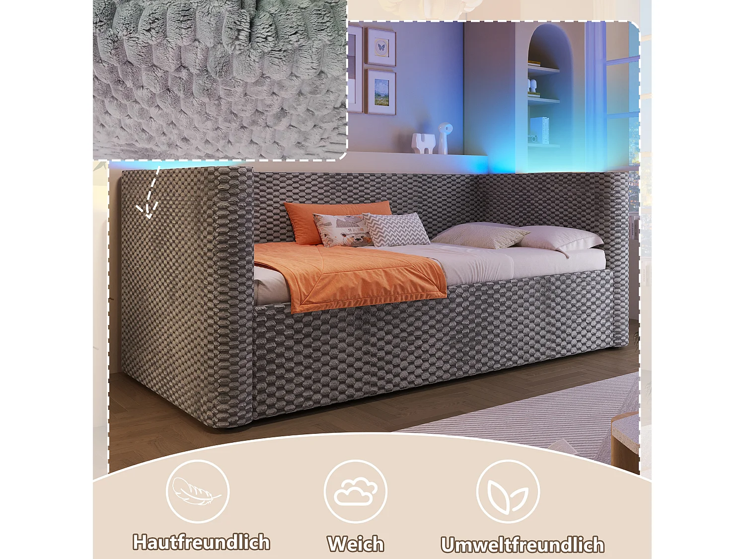 Canapé-lit coffre pour enfant - 90 x 200 cm - avec Leds + rangement hydraulique + sommier à lattes - velours - gris