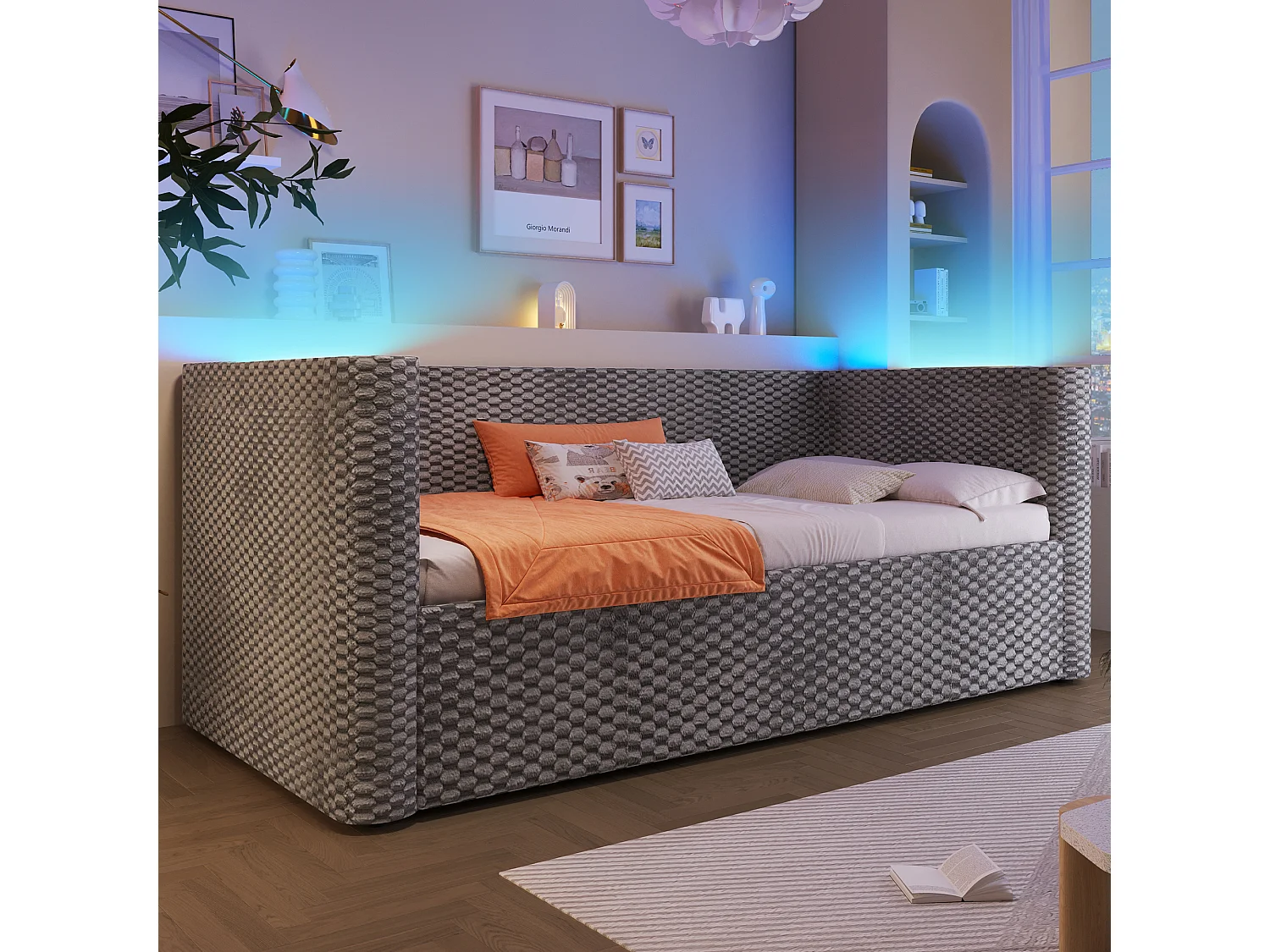 Canapé-lit coffre pour enfant - 90 x 200 cm - avec Leds + rangement hydraulique + sommier à lattes - velours - gris
