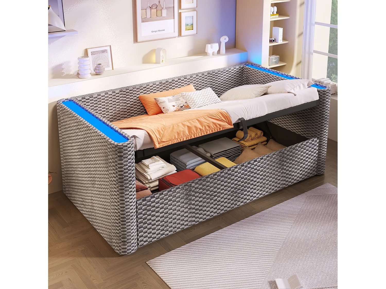 Canapé-lit coffre pour enfant - 90 x 200 cm - avec Leds + rangement hydraulique + sommier à lattes - velours - gris