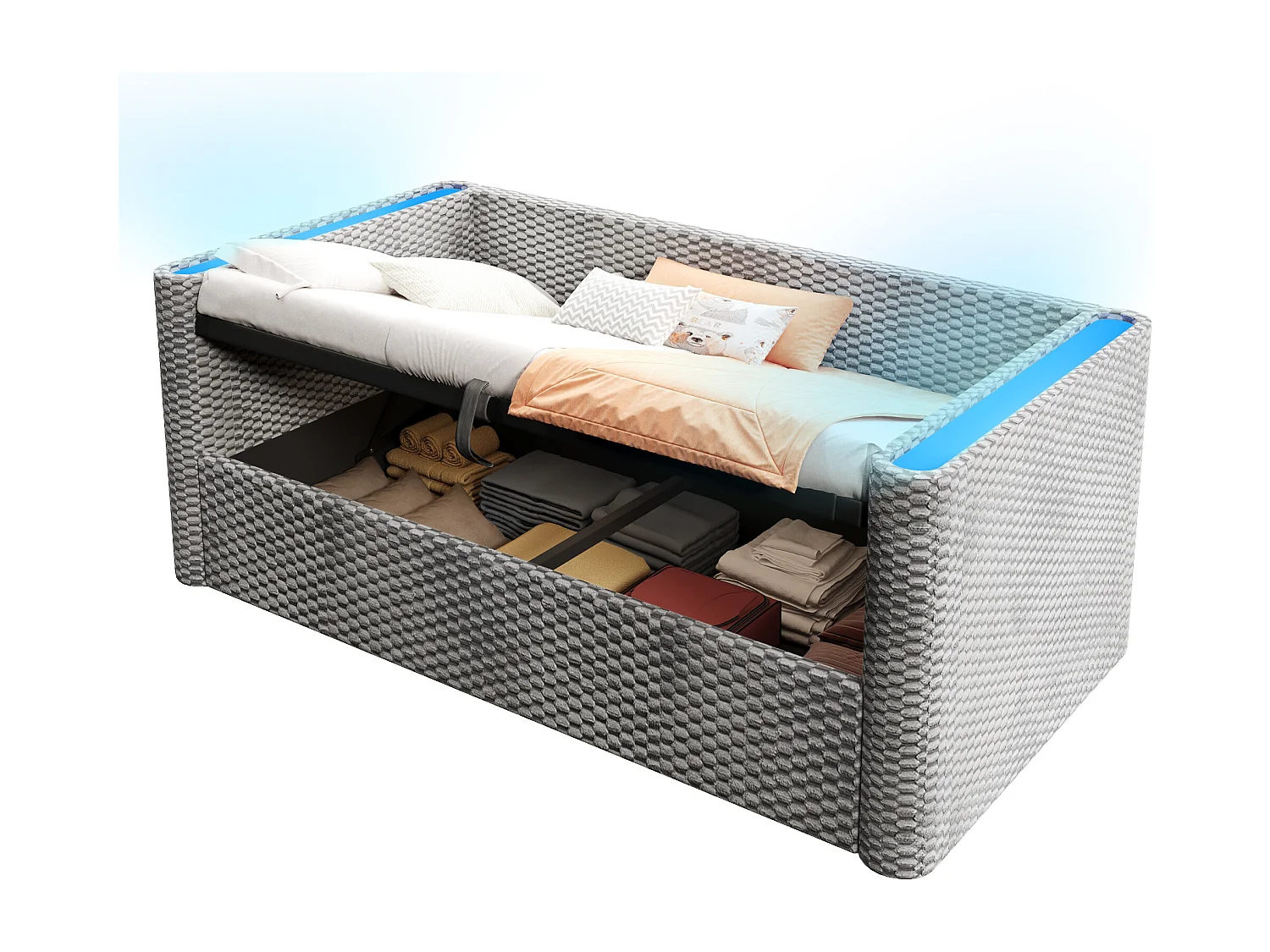 Canapé-lit coffre pour enfant - 90 x 200 cm - avec Leds + rangement hydraulique + sommier à lattes - velours - gris