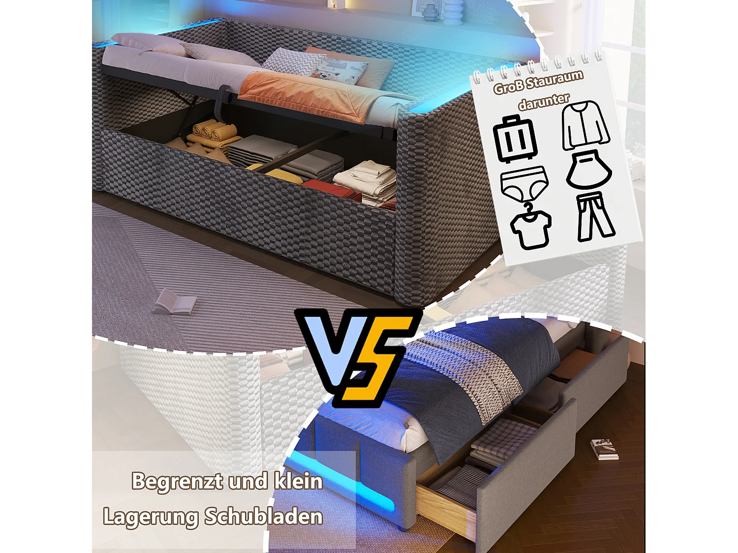 Kinderschlafsofa mit Stauraum – 90 x 200 cm – mit LED-Beleuchtung, hydraulischer Staufunktion und Lattenrost – Samt – grau