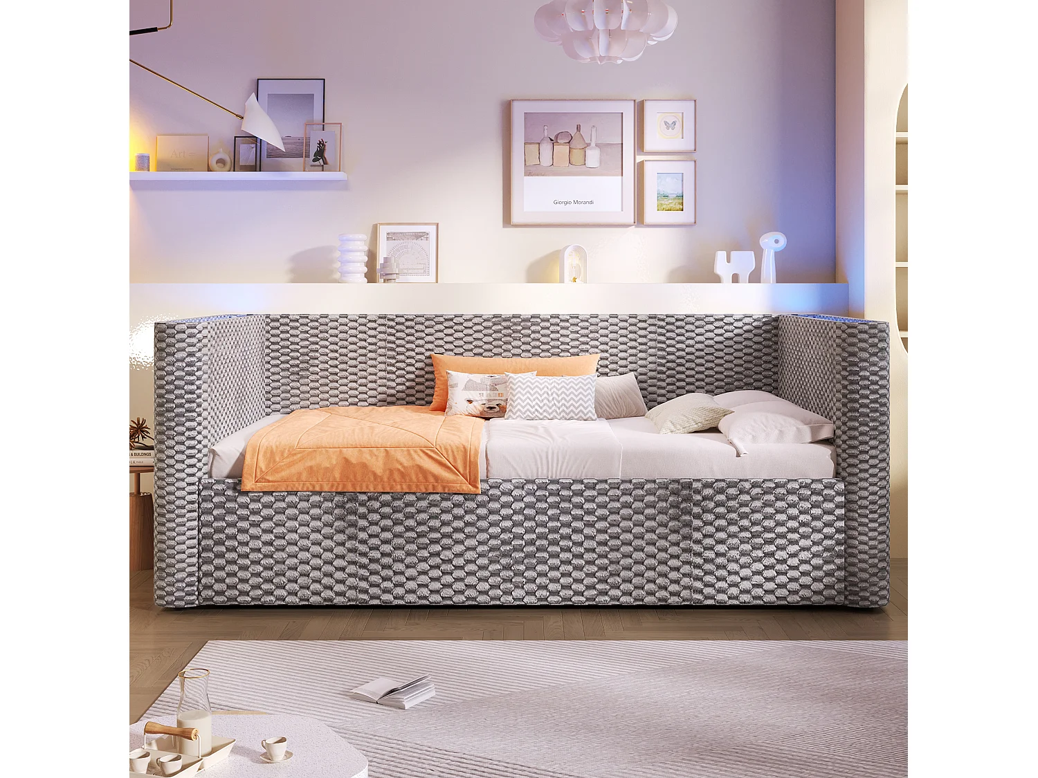 Kinderschlafsofa mit Stauraum – 90 x 200 cm – mit LED-Beleuchtung, hydraulischer Staufunktion und Lattenrost – Samt – grau