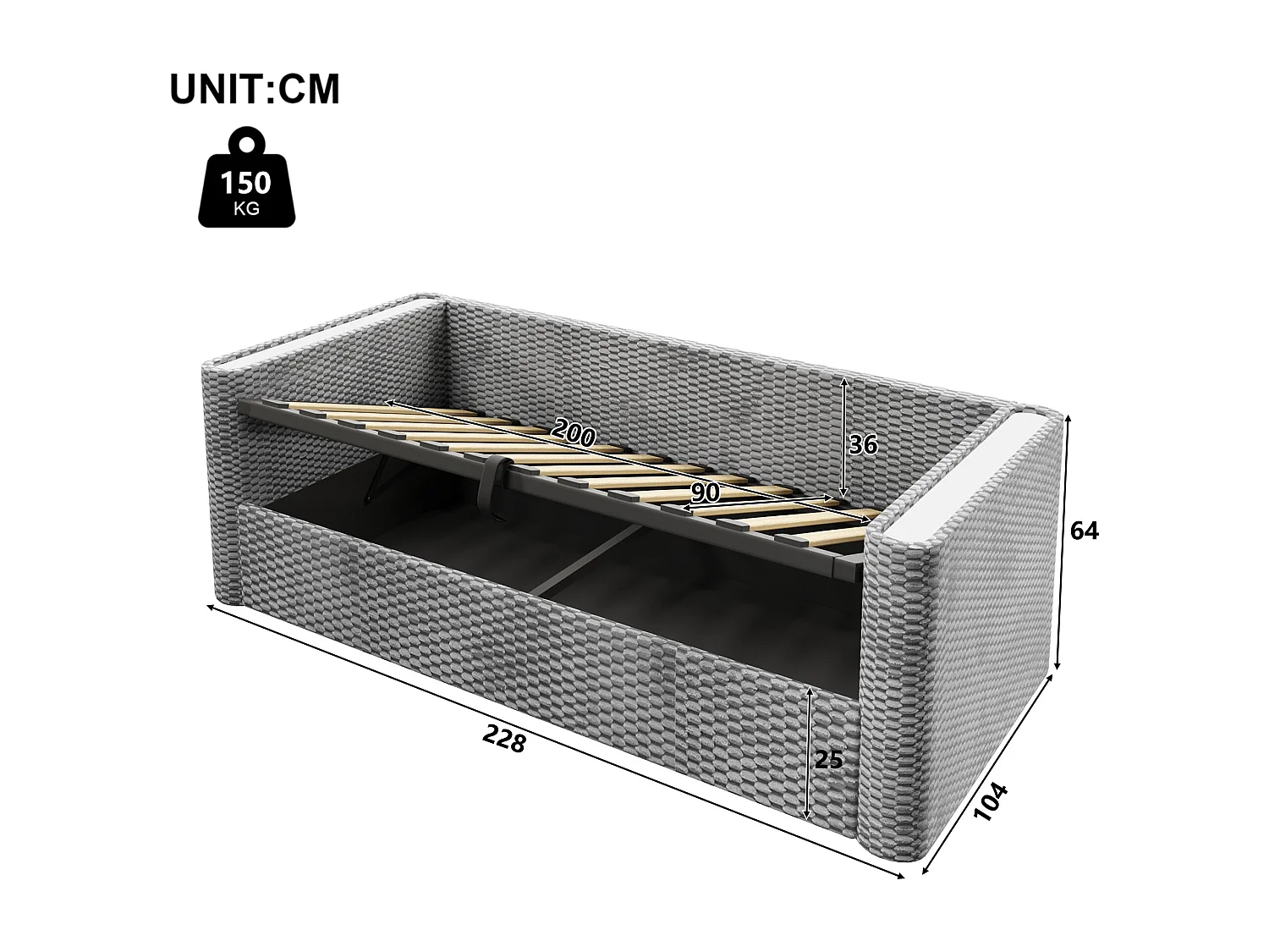 Kinderschlafsofa mit Stauraum – 90 x 200 cm – mit LED-Beleuchtung, hydraulischer Staufunktion und Lattenrost – Samt – grau