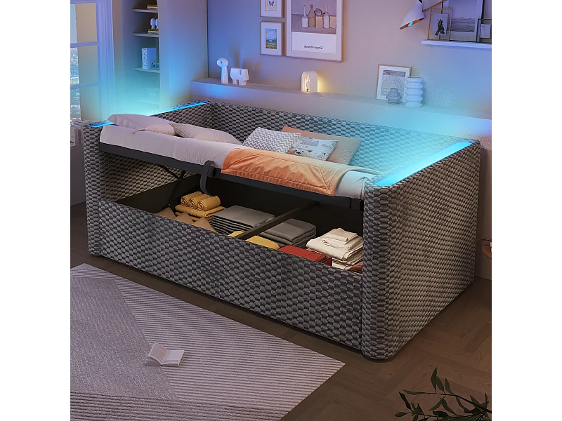 Kinderschlafsofa mit Stauraum – 90 x 200 cm – mit LED-Beleuchtung, hydraulischer Staufunktion und Lattenrost – Samt – grau
