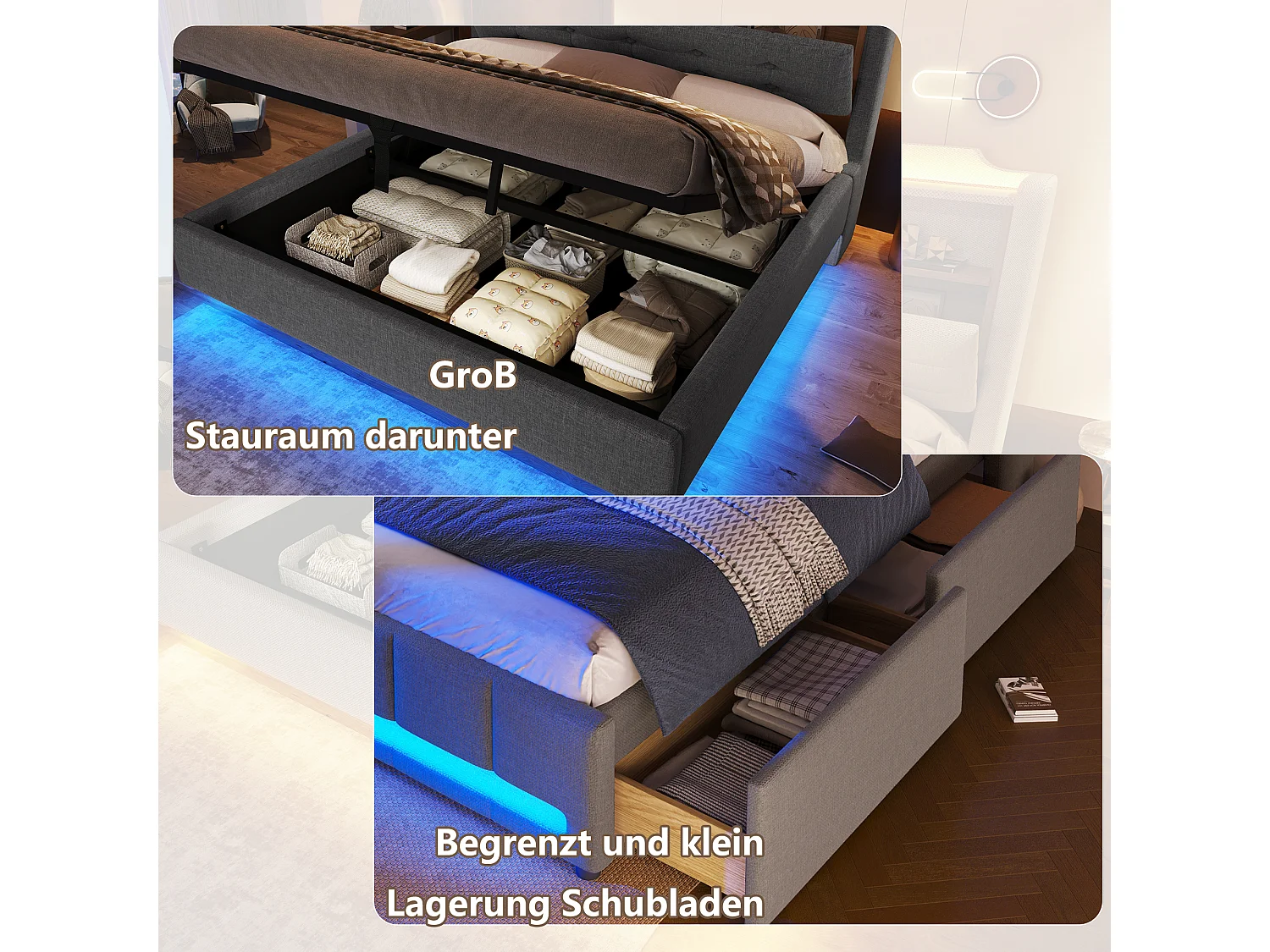 Lit coffre hydraulique capitonné - 140 x 200 cm - avec Leds et USB - tête de lit avec rangement - lin - gris