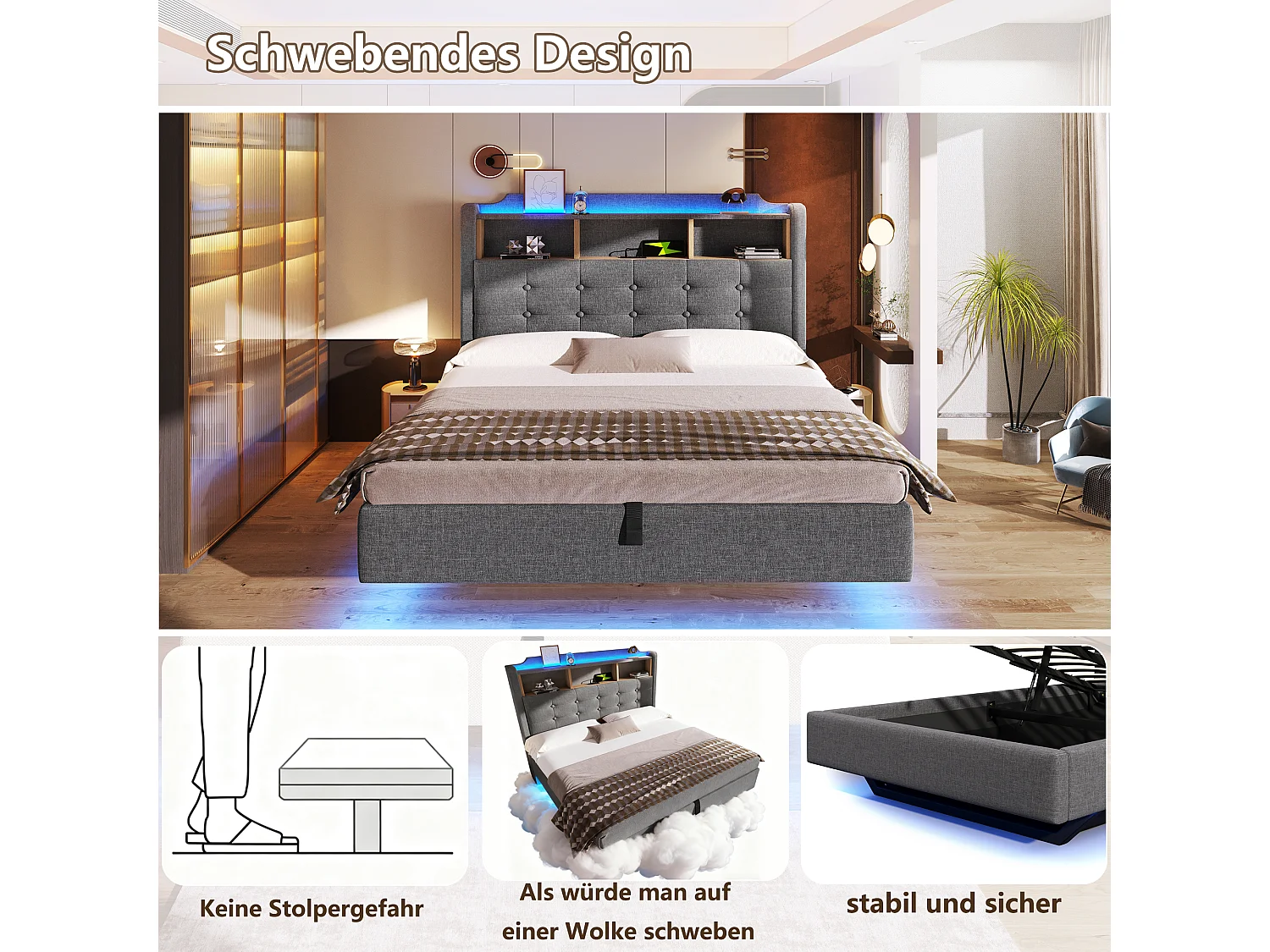 Lit coffre hydraulique capitonné - 140 x 200 cm - avec Leds et USB - tête de lit avec rangement - lin - gris