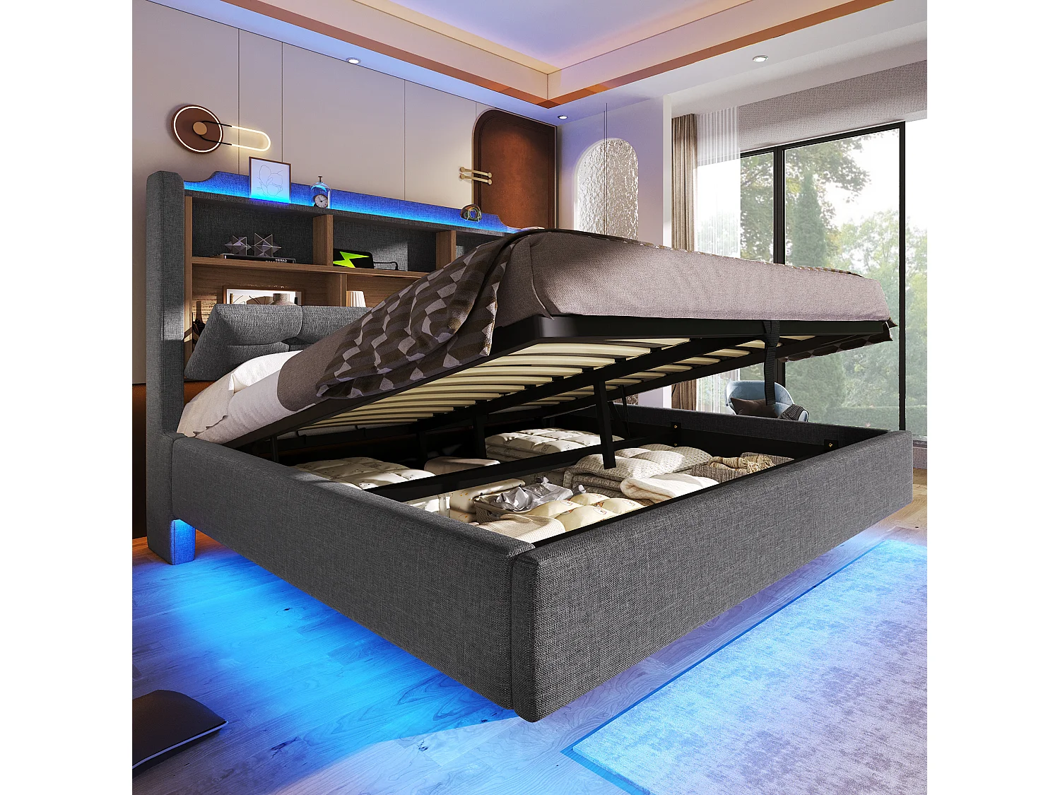 Lit coffre hydraulique capitonné - 140 x 200 cm - avec Leds et USB - tête de lit avec rangement - lin - gris