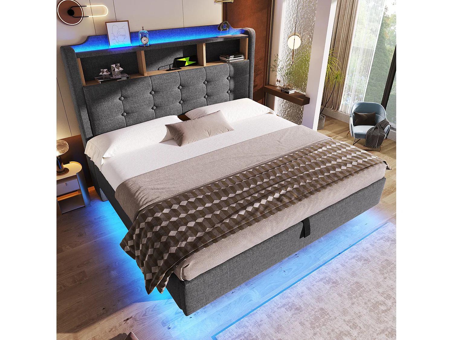 Lit coffre hydraulique capitonné - 140 x 200 cm - avec Leds et USB - tête de lit avec rangement - lin - gris