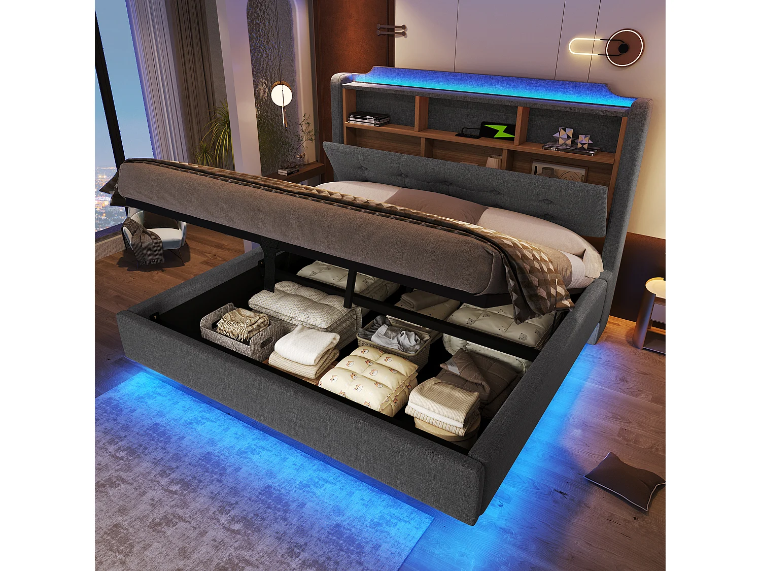Gestoffeerd hydraulisch opbergbed - 140 x 200 cm - met LED's en USB - hoofdeinde met opbergruimte - linnen - grijs
