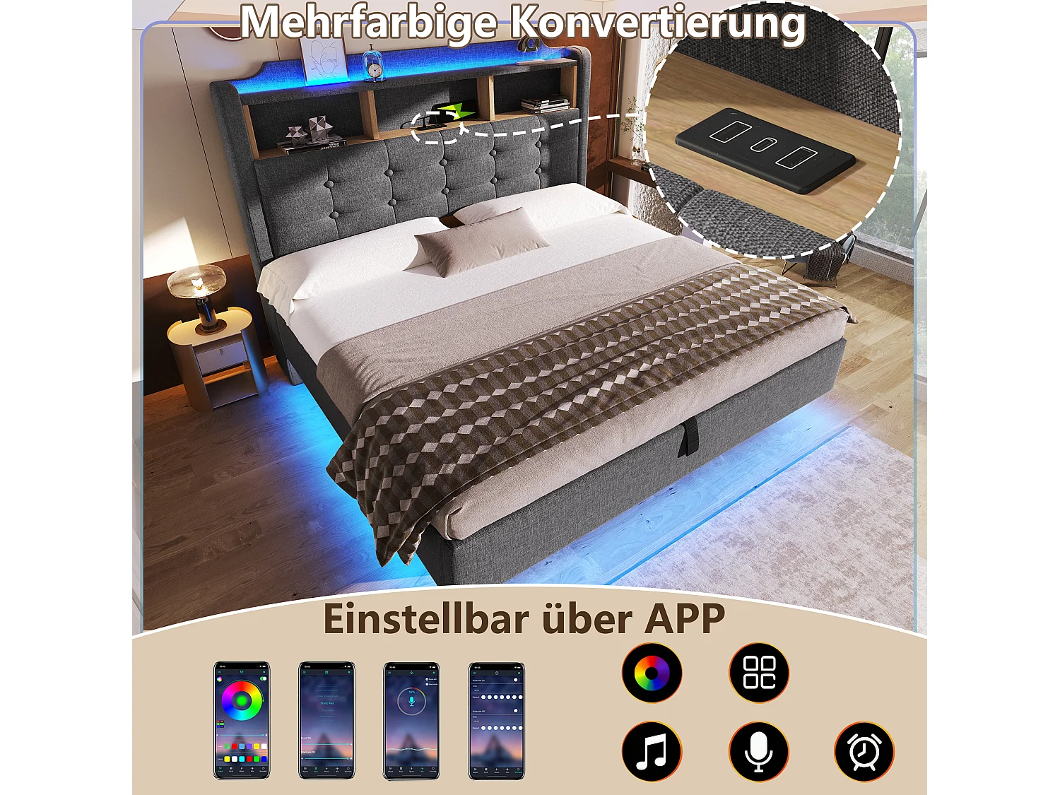 Gestoffeerd hydraulisch opbergbed - 140 x 200 cm - met LED's en USB - hoofdeinde met opbergruimte - linnen - grijs