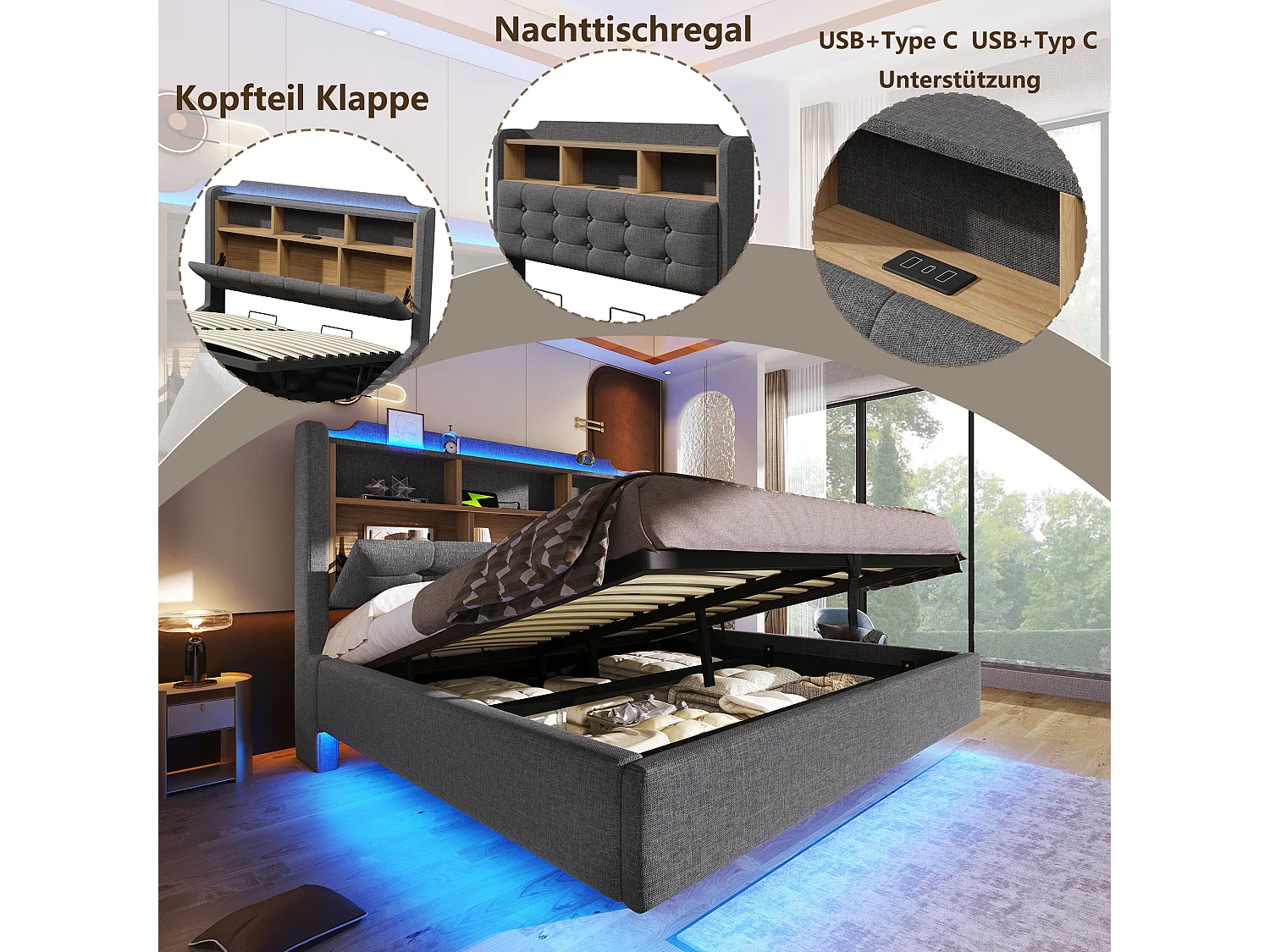 Gestoffeerd hydraulisch opbergbed - 140 x 200 cm - met LED's en USB - hoofdeinde met opbergruimte - linnen - grijs