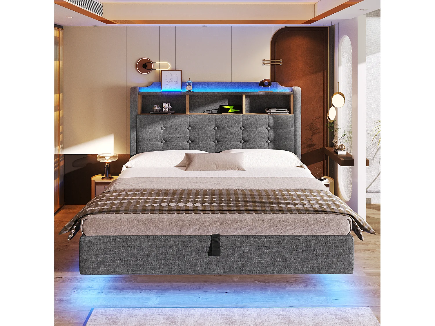 Gestoffeerd hydraulisch opbergbed - 140 x 200 cm - met LED's en USB - hoofdeinde met opbergruimte - linnen - grijs