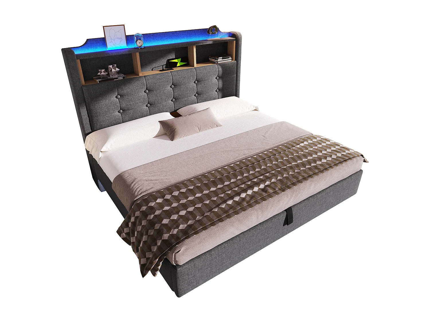 Gestoffeerd hydraulisch opbergbed - 140 x 200 cm - met LED's en USB - hoofdeinde met opbergruimte - linnen - grijs