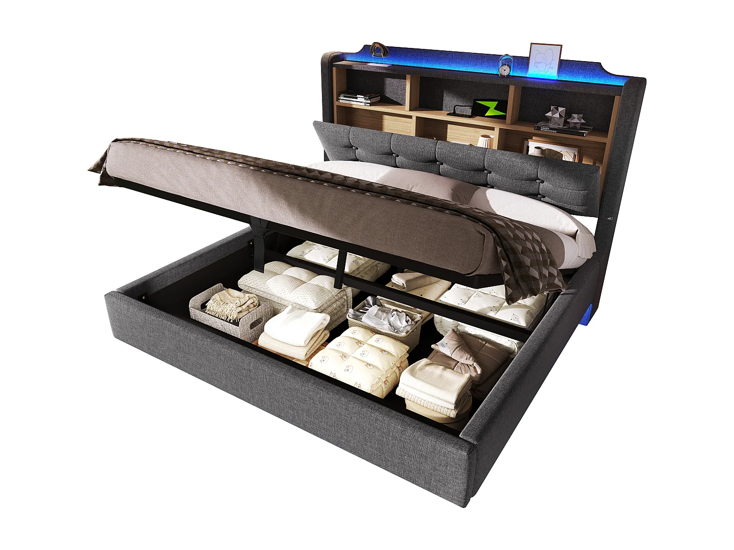 Gestoffeerd hydraulisch opbergbed - 140 x 200 cm - met LED's en USB - hoofdeinde met opbergruimte - linnen - grijs
