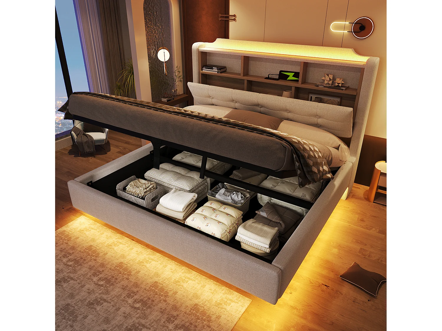 Lit coffre hydraulique capitonné - 140 x 200 cm - avec Leds et USB - tête de lit avec rangement - lin - beige