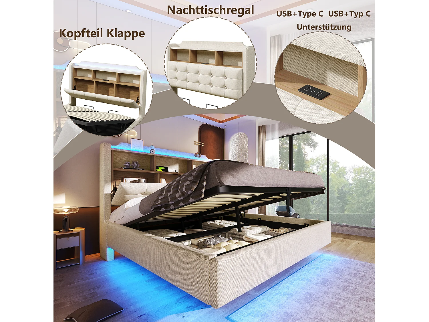 Lit coffre hydraulique capitonné - 140 x 200 cm - avec Leds et USB - tête de lit avec rangement - lin - beige