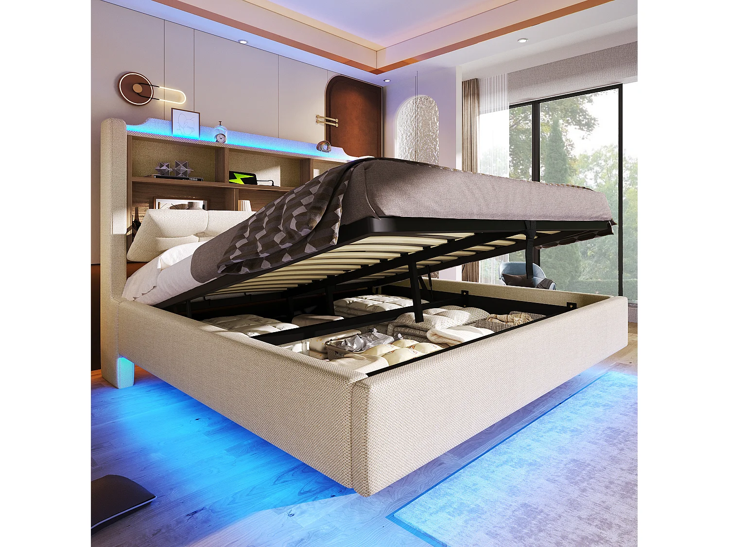 Lit coffre hydraulique capitonné - 140 x 200 cm - avec Leds et USB - tête de lit avec rangement - lin - beige