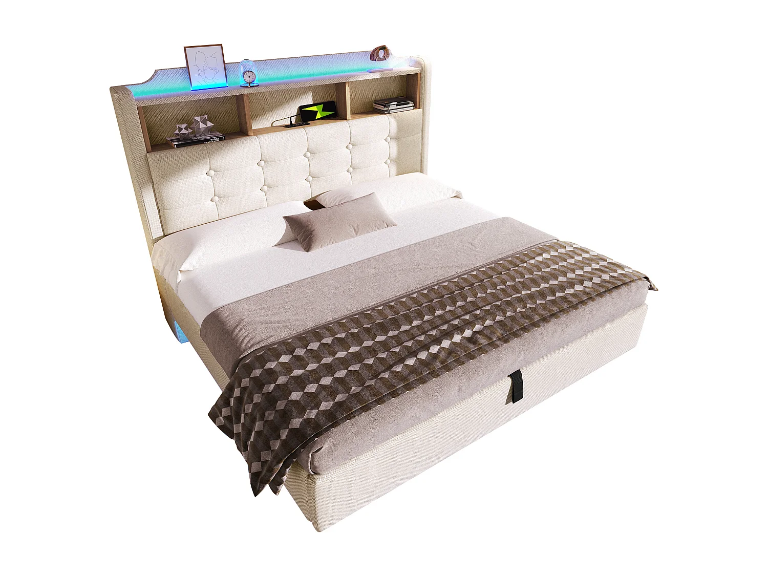 Lit coffre hydraulique capitonné - 140 x 200 cm - avec Leds et USB - tête de lit avec rangement - lin - beige