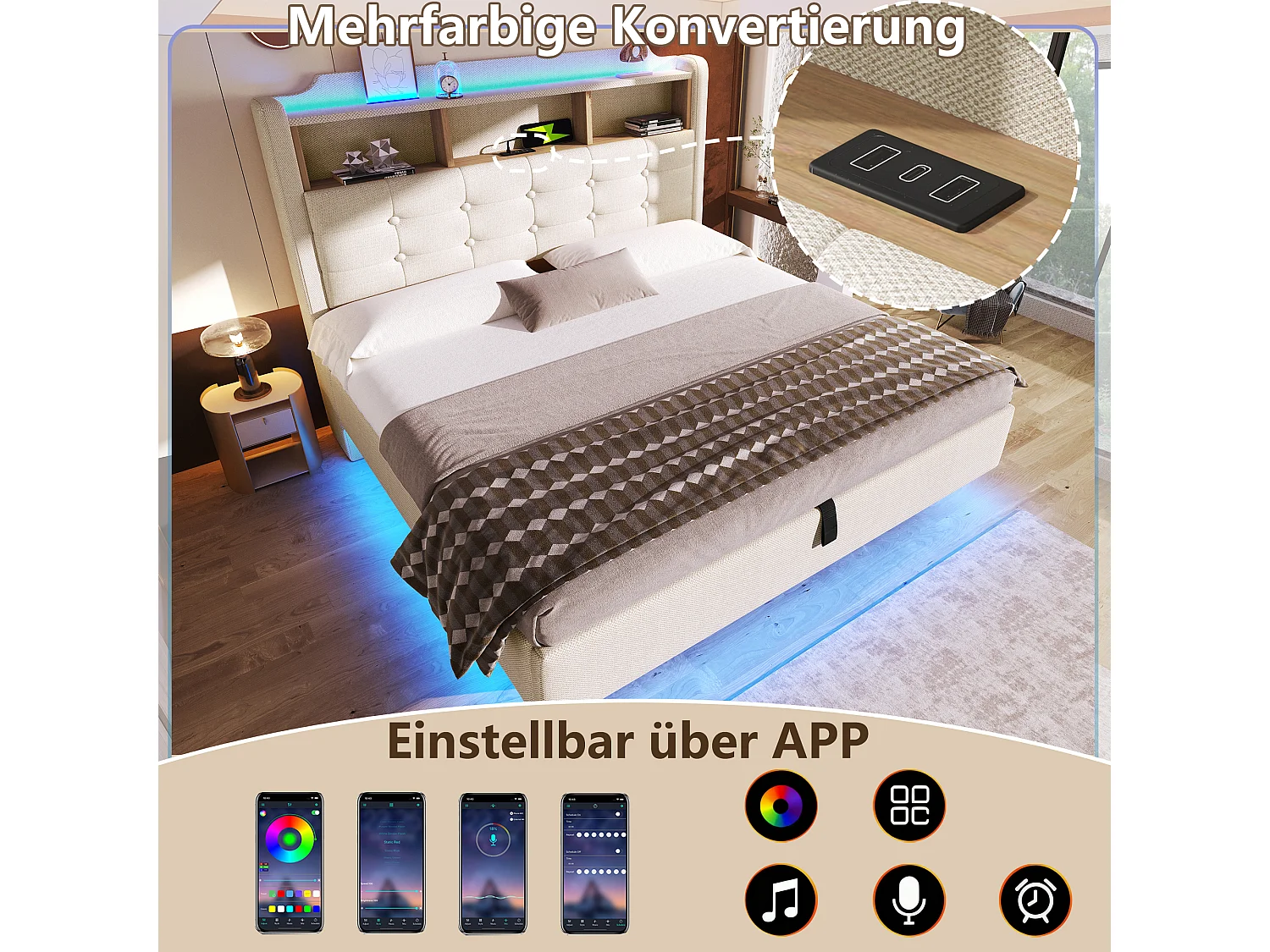 Gepolstertes hydraulisches Stauraumbett – 140 x 200 cm – mit LEDs und USB-Anschluss – Kopfteil mit Stauraum – Leinen – beige