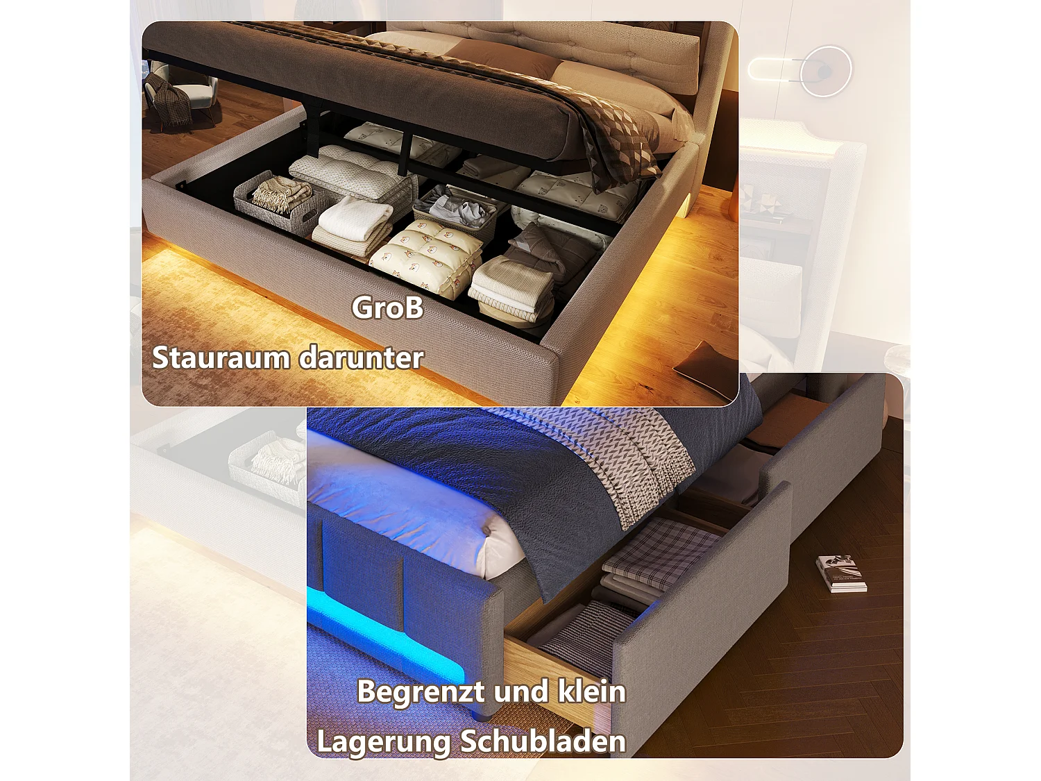 Gepolstertes hydraulisches Stauraumbett – 140 x 200 cm – mit LEDs und USB-Anschluss – Kopfteil mit Stauraum – Leinen – beige
