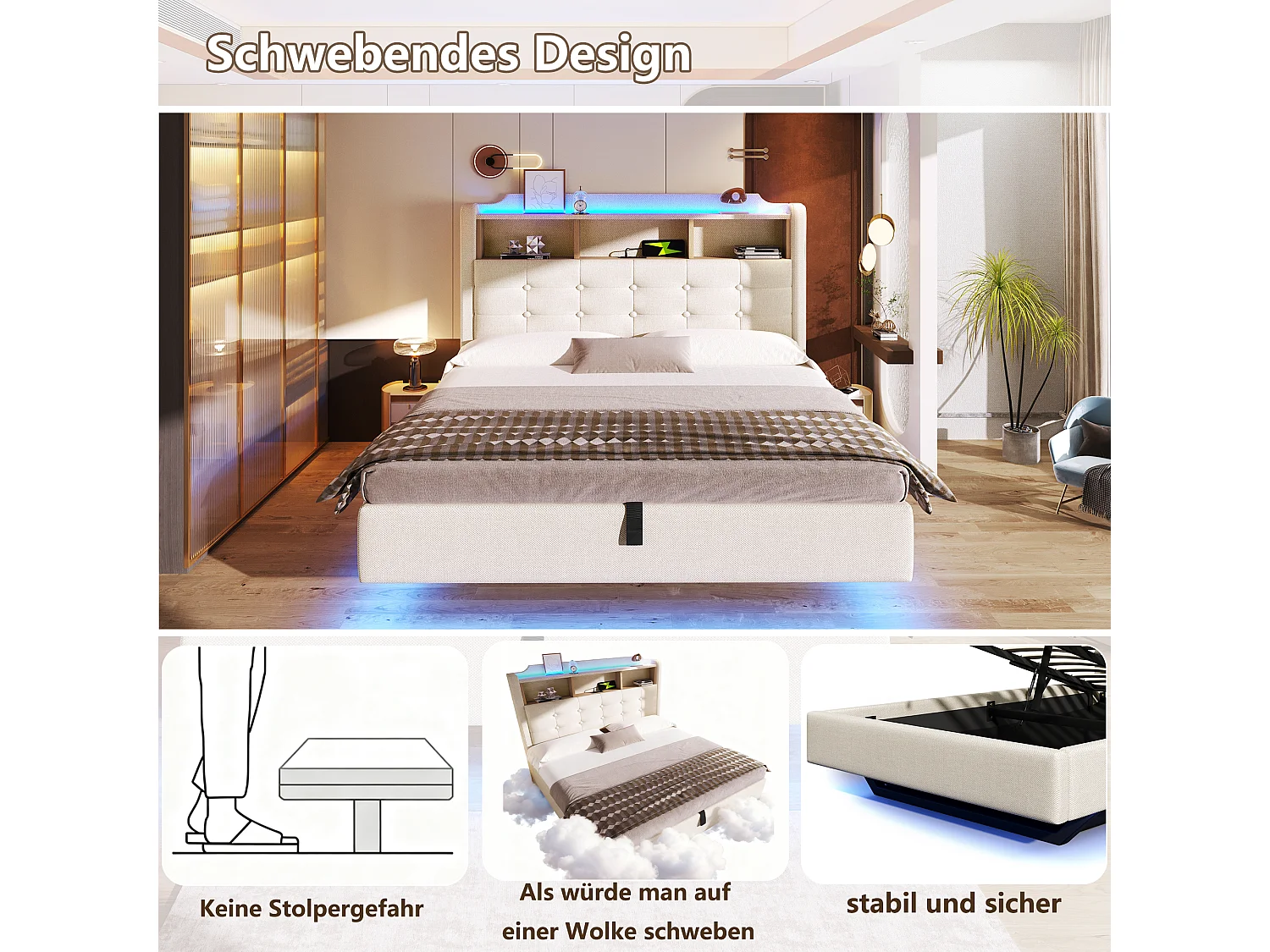 Gepolstertes hydraulisches Stauraumbett – 140 x 200 cm – mit LEDs und USB-Anschluss – Kopfteil mit Stauraum – Leinen – beige