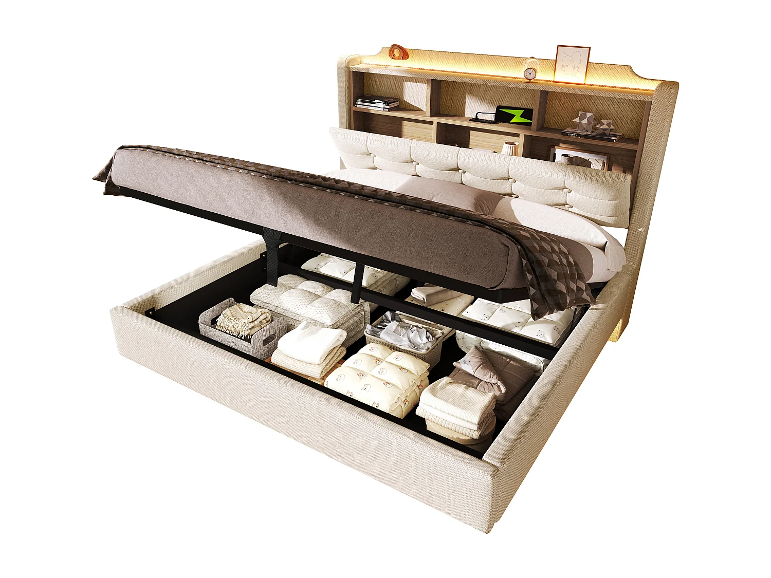 Gepolstertes hydraulisches Stauraumbett – 140 x 200 cm – mit LEDs und USB-Anschluss – Kopfteil mit Stauraum – Leinen – beige