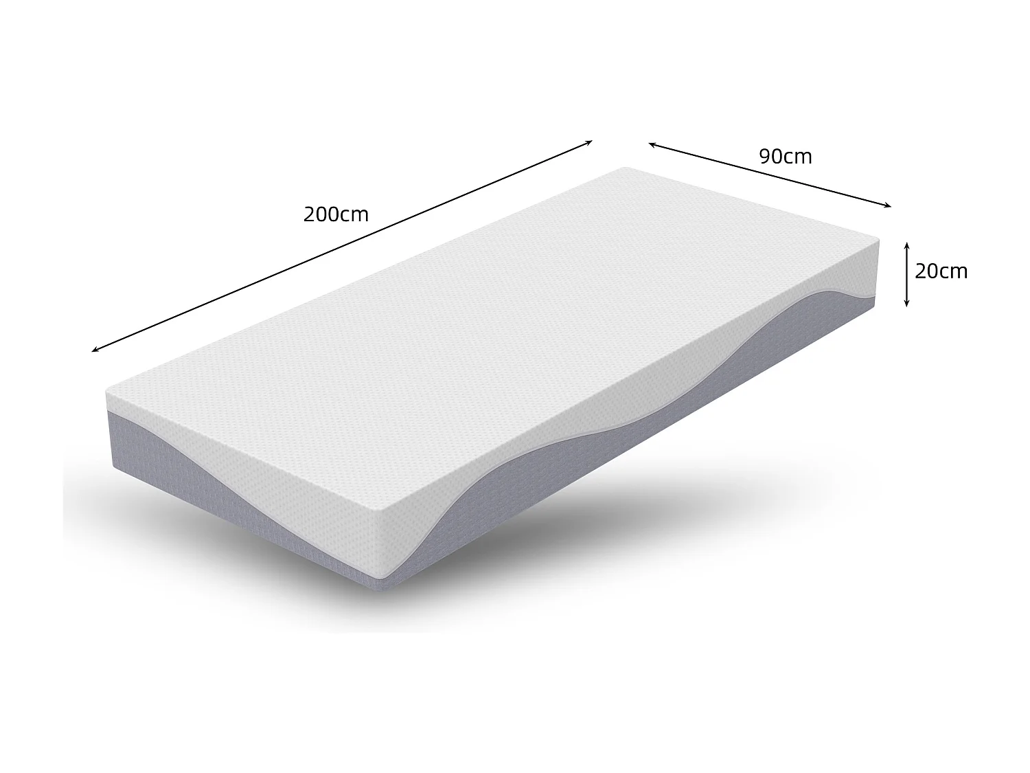 Matelas en mousse 90x200 cm, confort moyen H3/H4, hauteur 20 cm, certifié Oeko-TEX, réversible, housse amovible, gris et blanc.