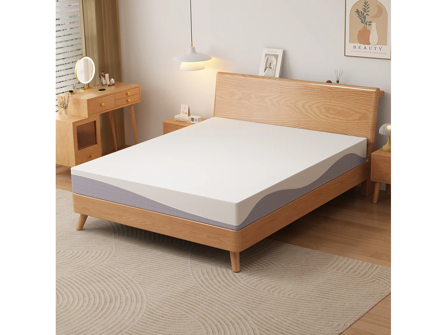 Colchón de espuma 180x200 cm, confort medio H3/H4, altura 20 cm, certificado Oeko-TEX, reversible, desenfundable, gris y blanco.