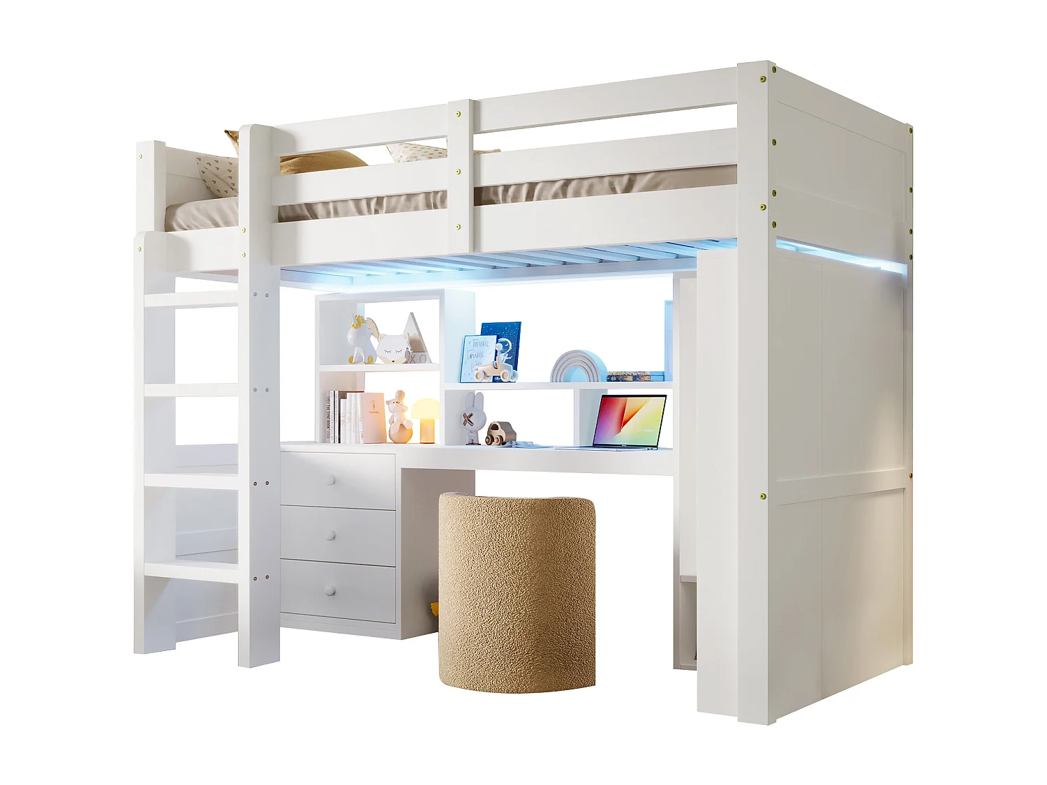 Cama alta infantil - 90 x 200 cm - con LED + armario + escritorio + cajones + estantería - madera - blanco