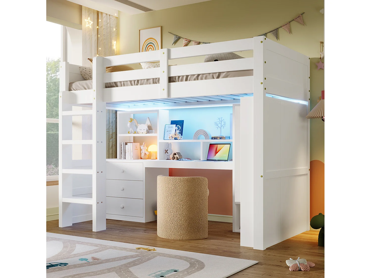 Letto a soppalco per bambini - 90 x 200 cm - con LED + armadio + scrivania + cassetti + ripiano portaoggetti - legno - bianco