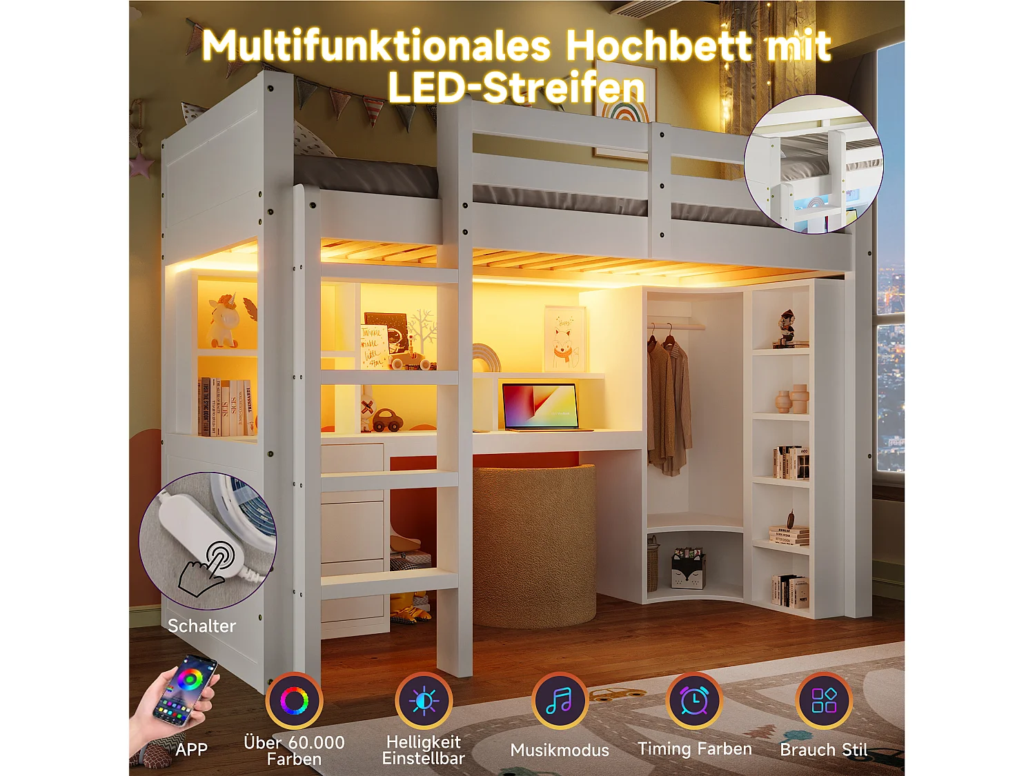 Letto a soppalco per bambini - 90 x 200 cm - con LED + armadio + scrivania + cassetti + ripiano portaoggetti - legno - bianco