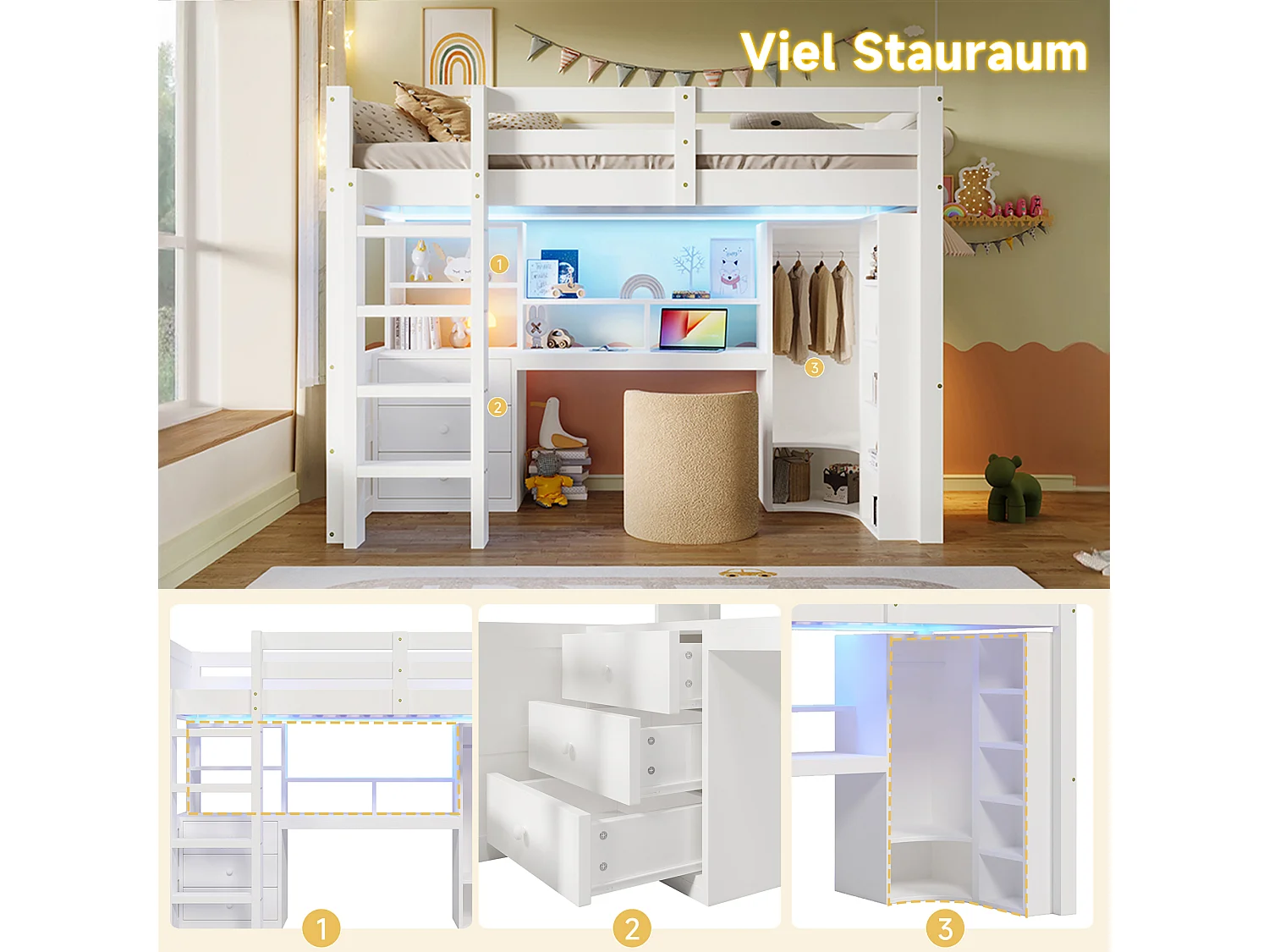 Letto a soppalco per bambini - 90 x 200 cm - con LED + armadio + scrivania + cassetti + ripiano portaoggetti - legno - bianco