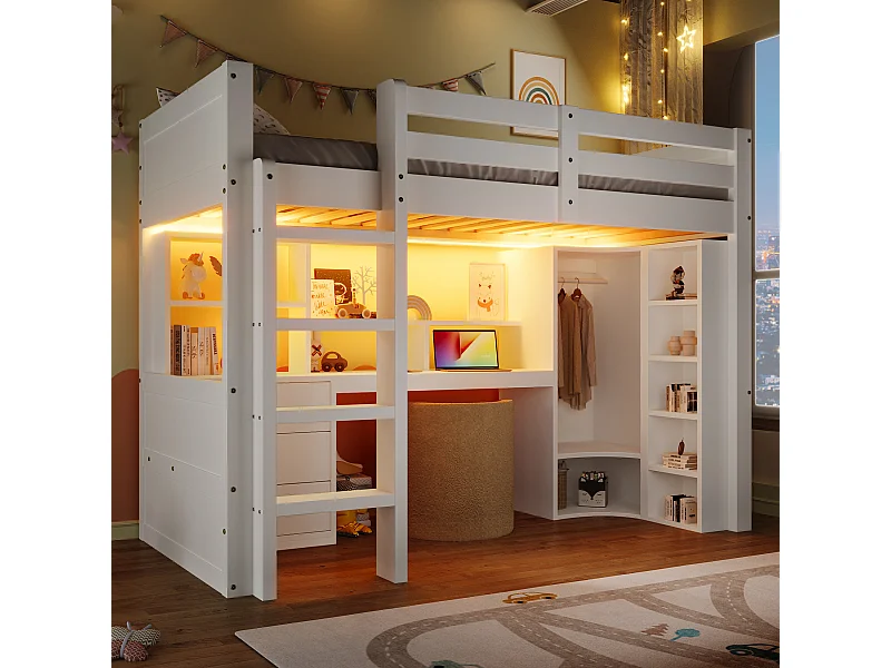 Kinderhoogslaper - 90 x 200 cm - met LED's + kledingkast + bureau + lades + opbergplank - hout - wit