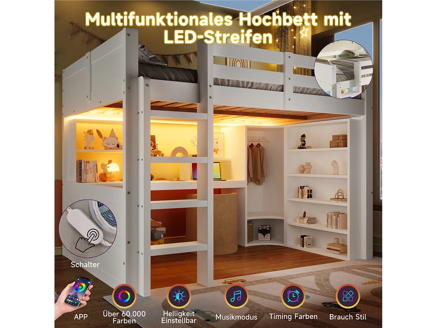 Lit mezzanine pour enfant - 140 x 200 cm - avec Leds + armoire + bureau + tiroirs + étagère de rangement - bois - blanc