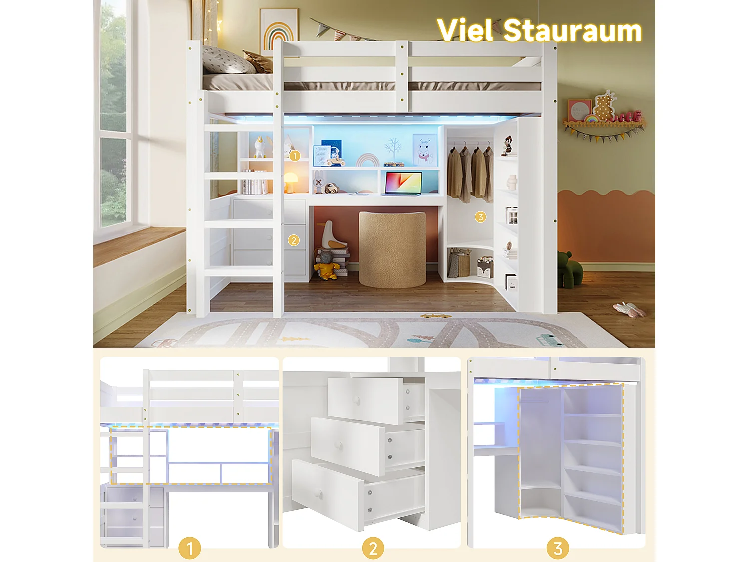 Lit mezzanine pour enfant - 140 x 200 cm - avec Leds + armoire + bureau + tiroirs + étagère de rangement - bois - blanc